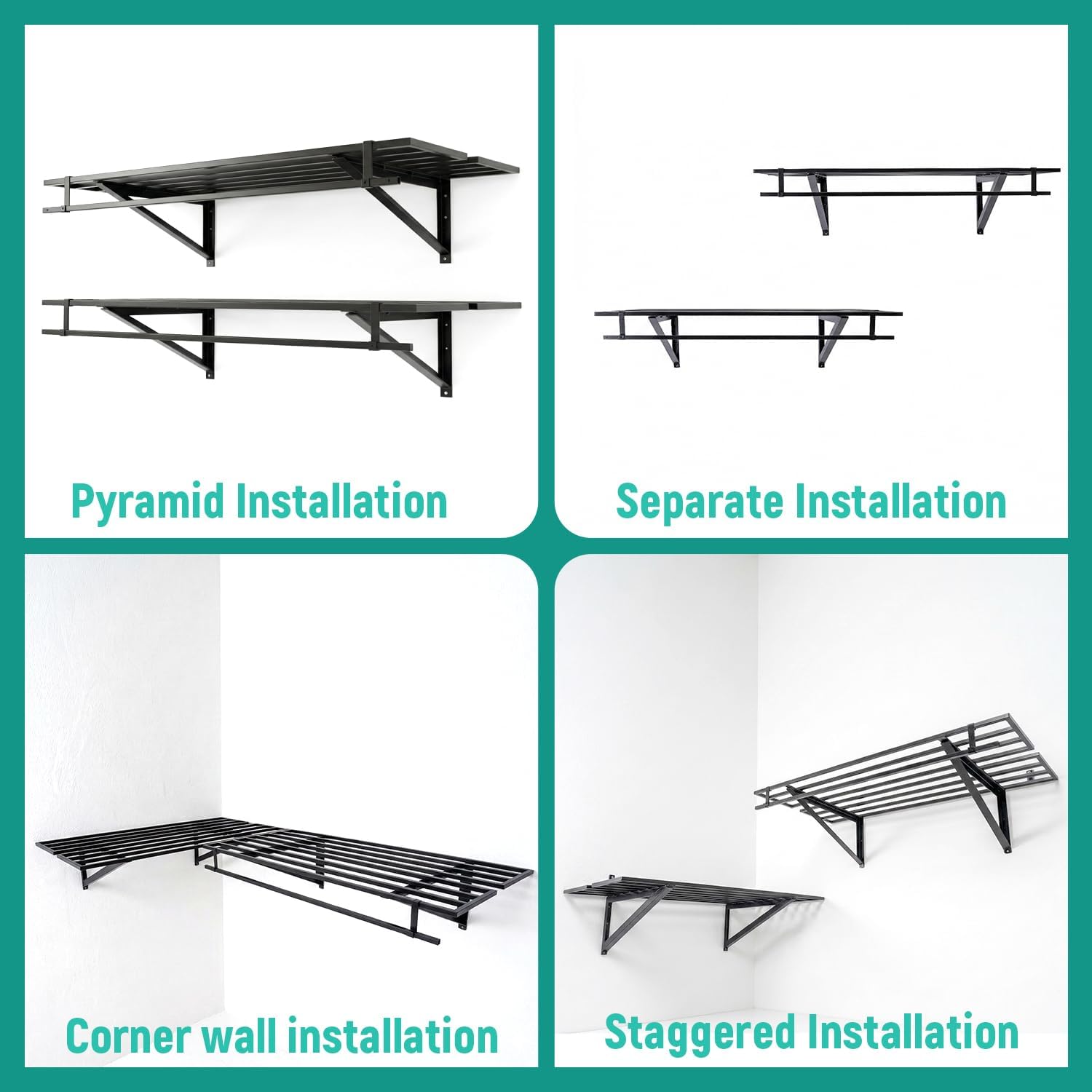 2-Pack 2x4ft Heavy Duty Garage Wall Shelves, 660 lbs Capacity Steel Wall Mounted Shelving with Hooks, Garage Storage Rack for Tools & Organization