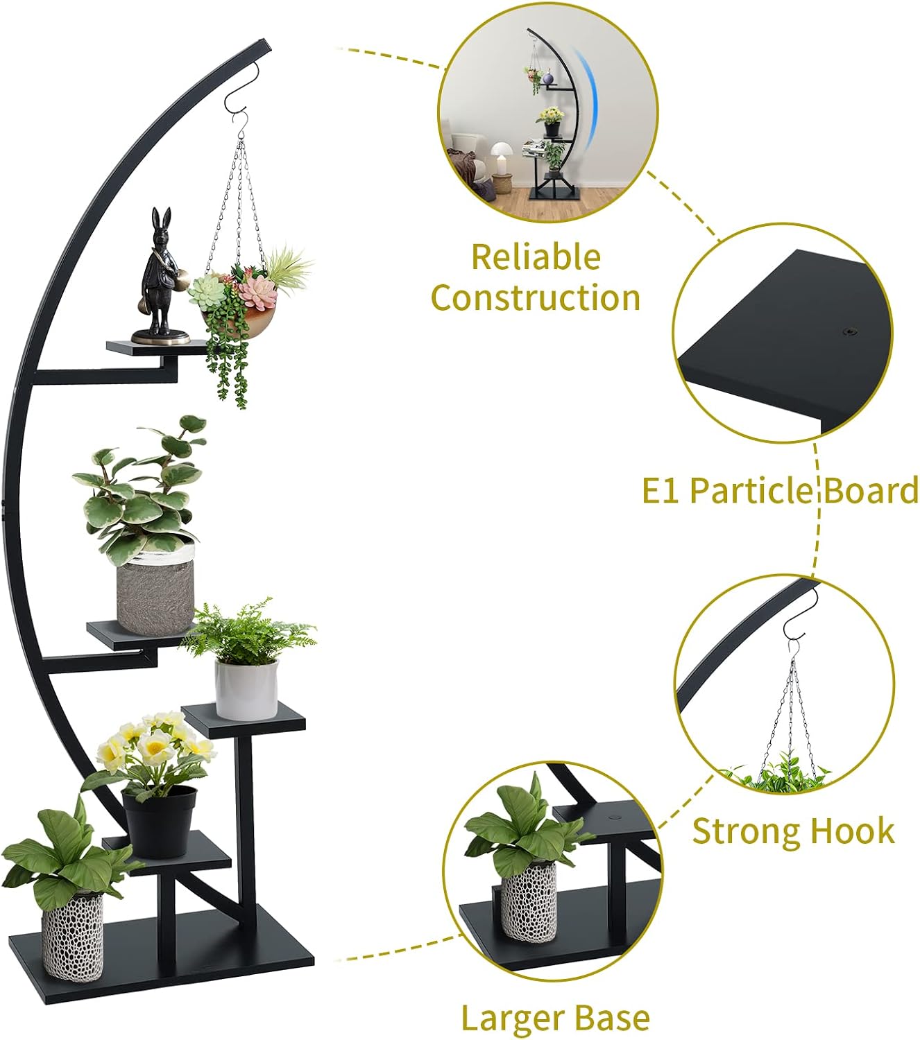 Fullwatt Plant Stand Indoor 2 Pack, 5 Tier Tall Curved Metal Display Multiple Tiered Decorative Flower Shelves Pot Holder, Half Moon Plant Shelf Stand Rack for Garden, Balcony, Home Decor (BLACK)