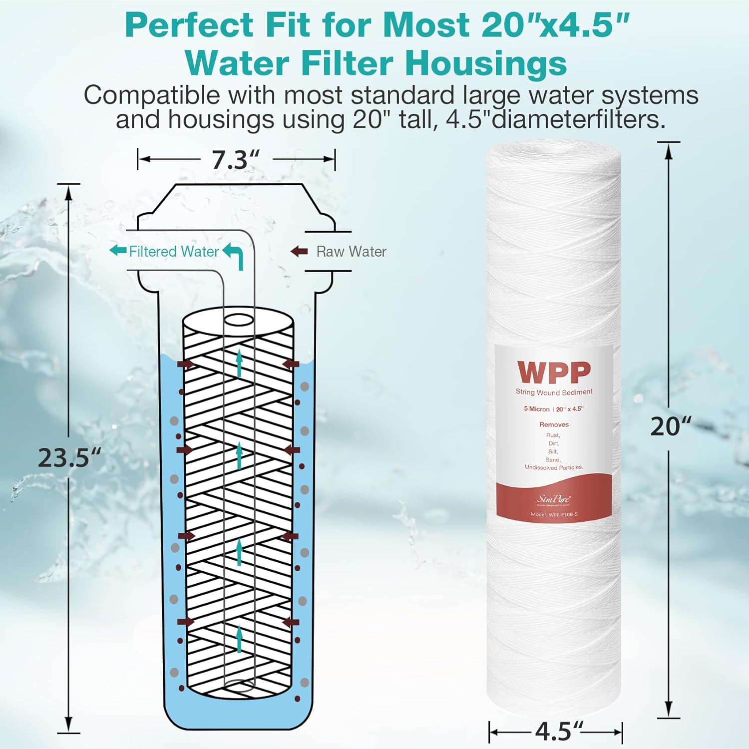 20 x 4.5 Inch 5 Micron String Wound Sediment Water Filter Cartridge, SimPure Whole House Sediment Well Water Filter Replacement for Well Water, Fits DB20P DB20P-3 (2 Pack) - Image 5