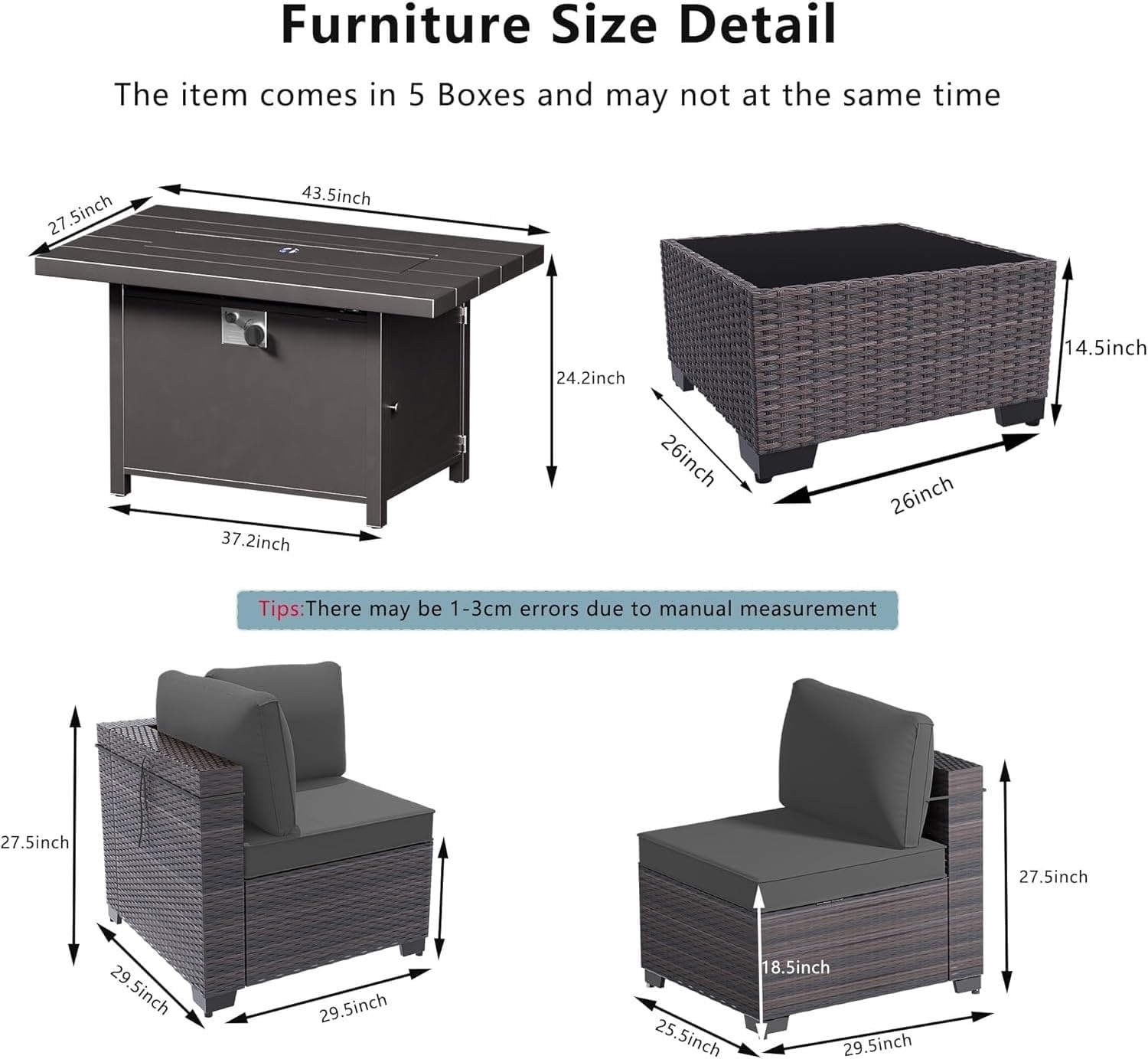 8 Pieces Outdoor Patio Sectional Sofa Couch, PE Wicker Furniture Sets, Patio Conversation Sets with Washable Cushions Glass Coffee Table and Gas Fire Pit Table for Garden, Poolside, Backyard