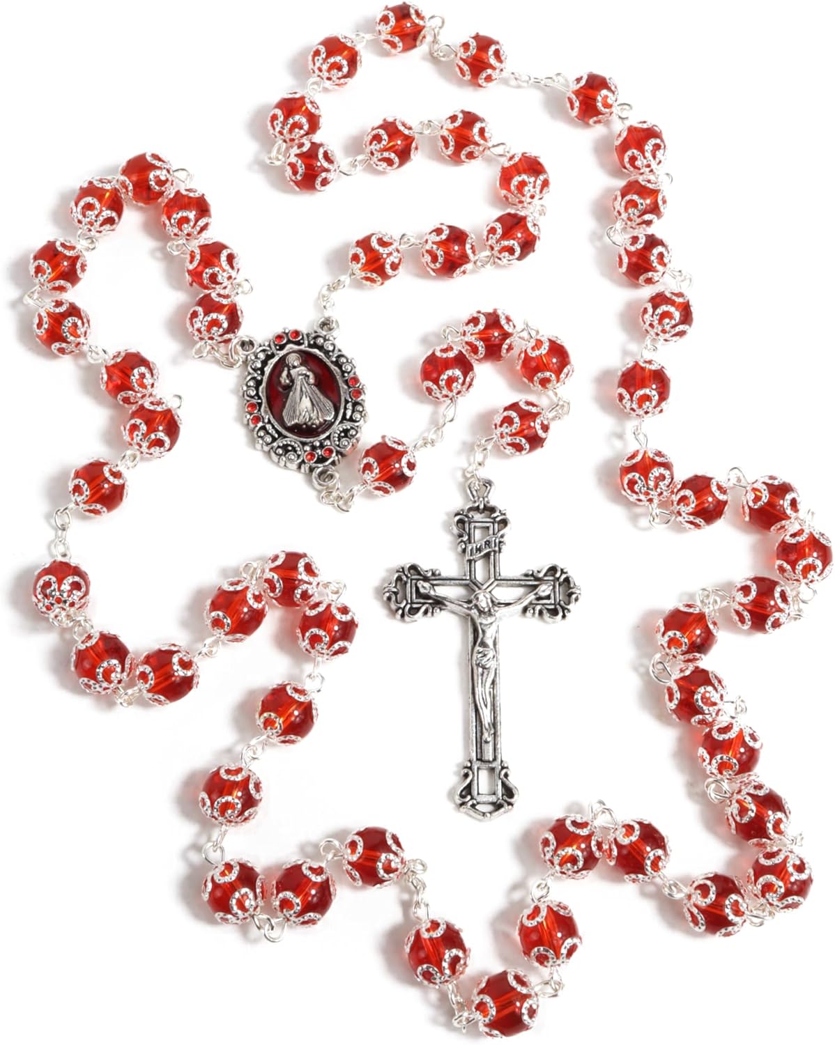 Needzo Red Divine Mercy Rosary, Capped Prayer Beads with Metal Crucifix, Catholic Keepsake Gifts, 23.5 Inches