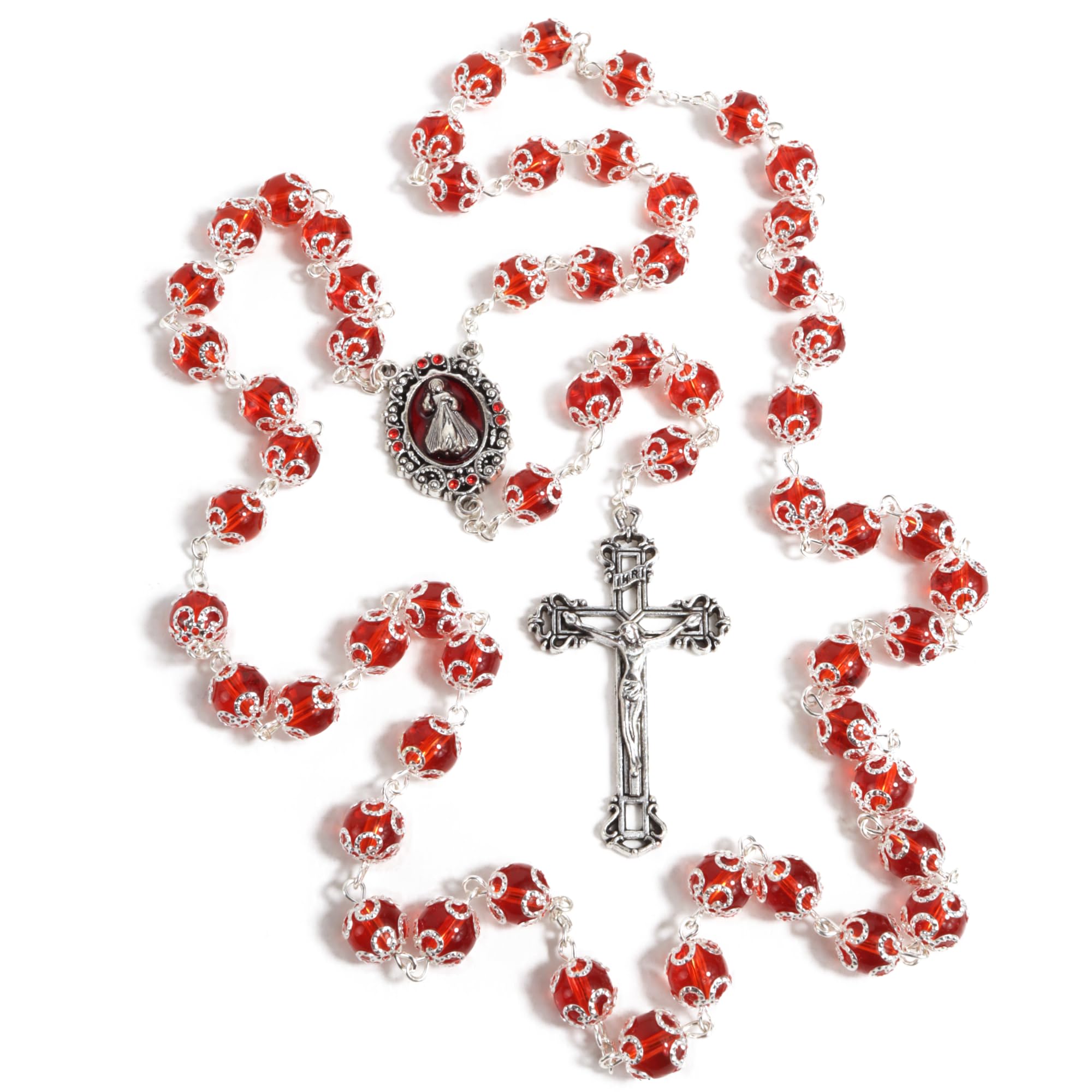 Needzo Red Divine Mercy Rosary, Capped Prayer Beads with Metal Crucifix, Catholic Keepsake Gifts, 23.5 Inches