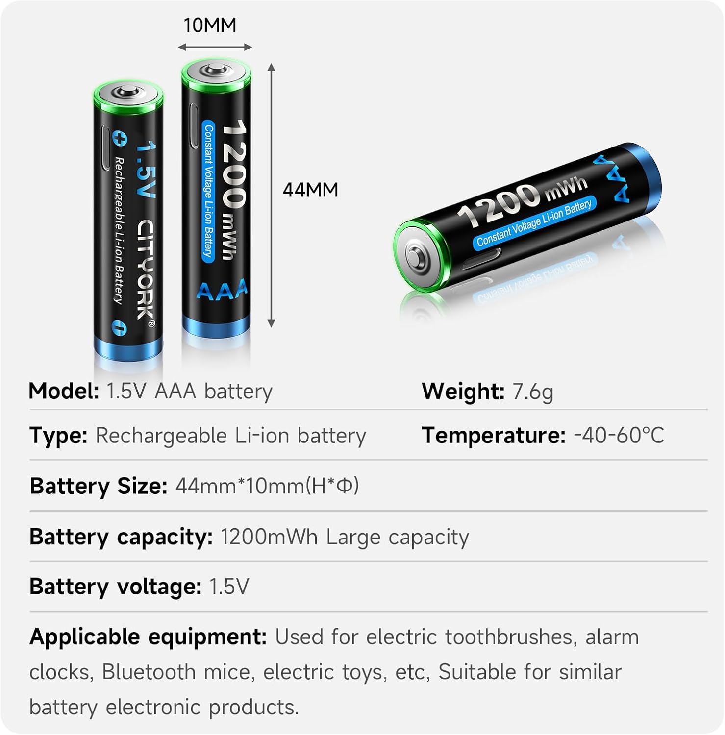CITYORK Type-C USB 1.5V 8 Pack AAA 1200mWh Lithium Rechargeable Battery, 1.5V Constant Output, 2H Fast Charging Triple A Batteries, LED Charging Indicator (Include 2 * 4 in 1 USB Cable)