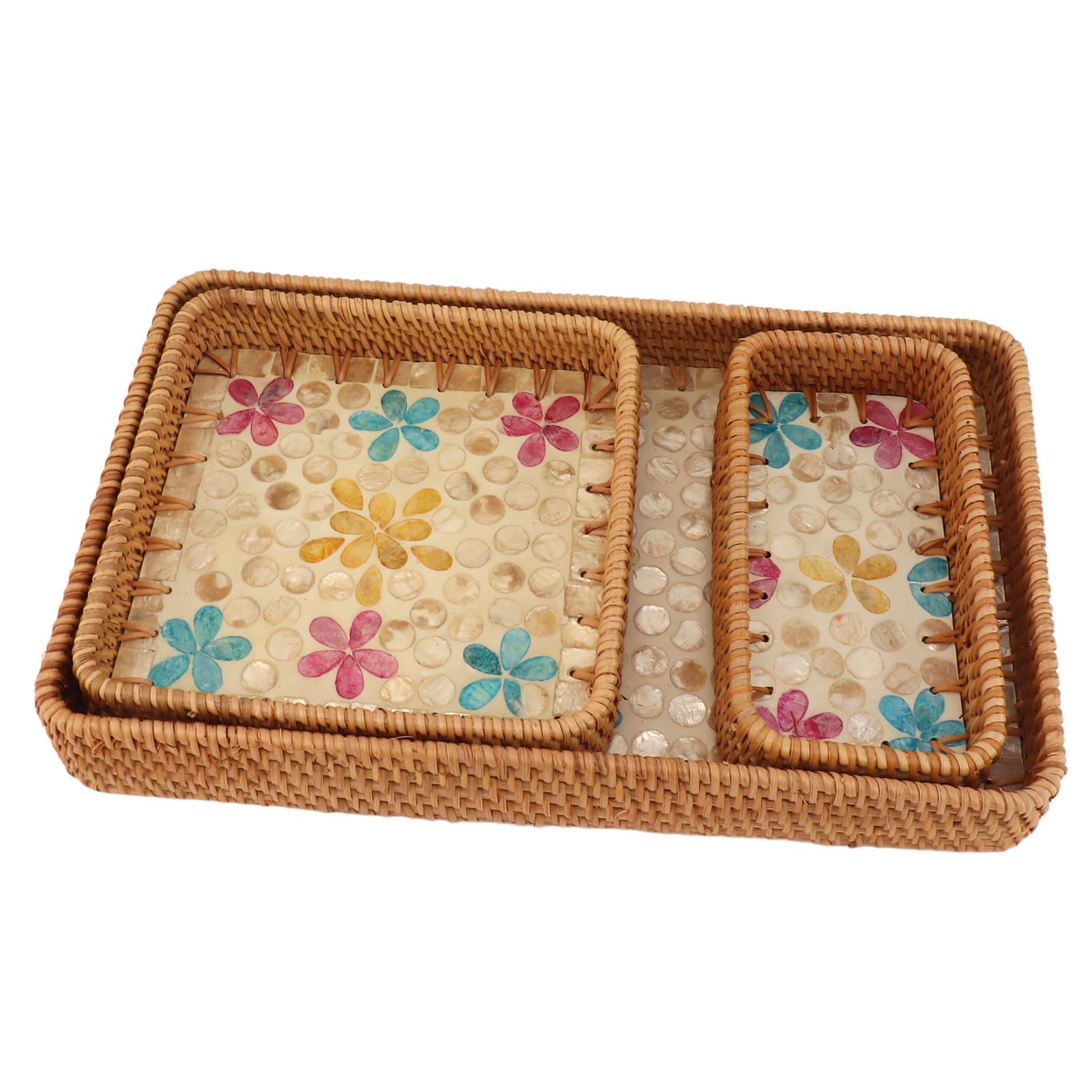 3 Unidades de Bandeja de Fruta de ratán, Juego de bandejas de Almacenamiento de ratán rectangulares, Bandeja de Servicio Multiusos Tejida a Mano para el hogar y el Restaurante, (Florete Colorido)
