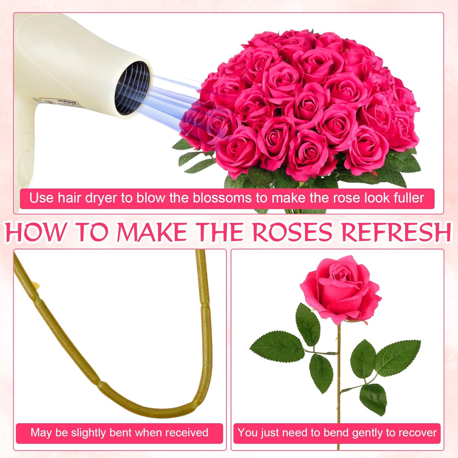 50 Pcs Artificial Rose Bluk Fake Flowers with Long Stem Realistic Silk Roses Bouquet Coffee Table Decor Flower Arrangement for Wedding Centerpieces Home Office Farmhouse Holiday Decorations