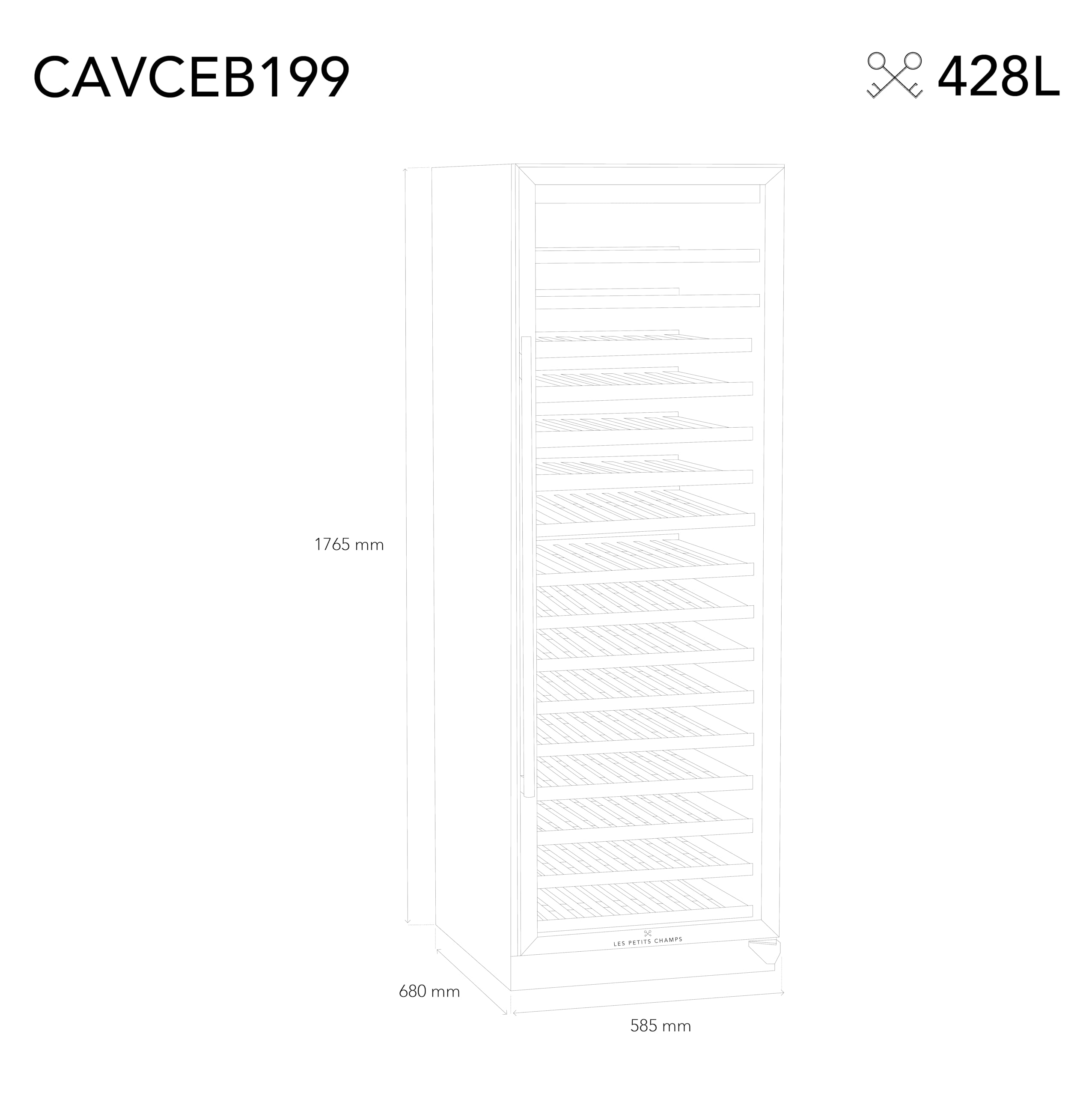 LES PETITS CHAMPS Cave à Vin Encastrable Sous Plan 199 Bouteilles CAVCEB199, Capacité 428L, Design Élégant en Acier Inoxydable, Réglable de 5°C à 22°C, Anti-UV, LED