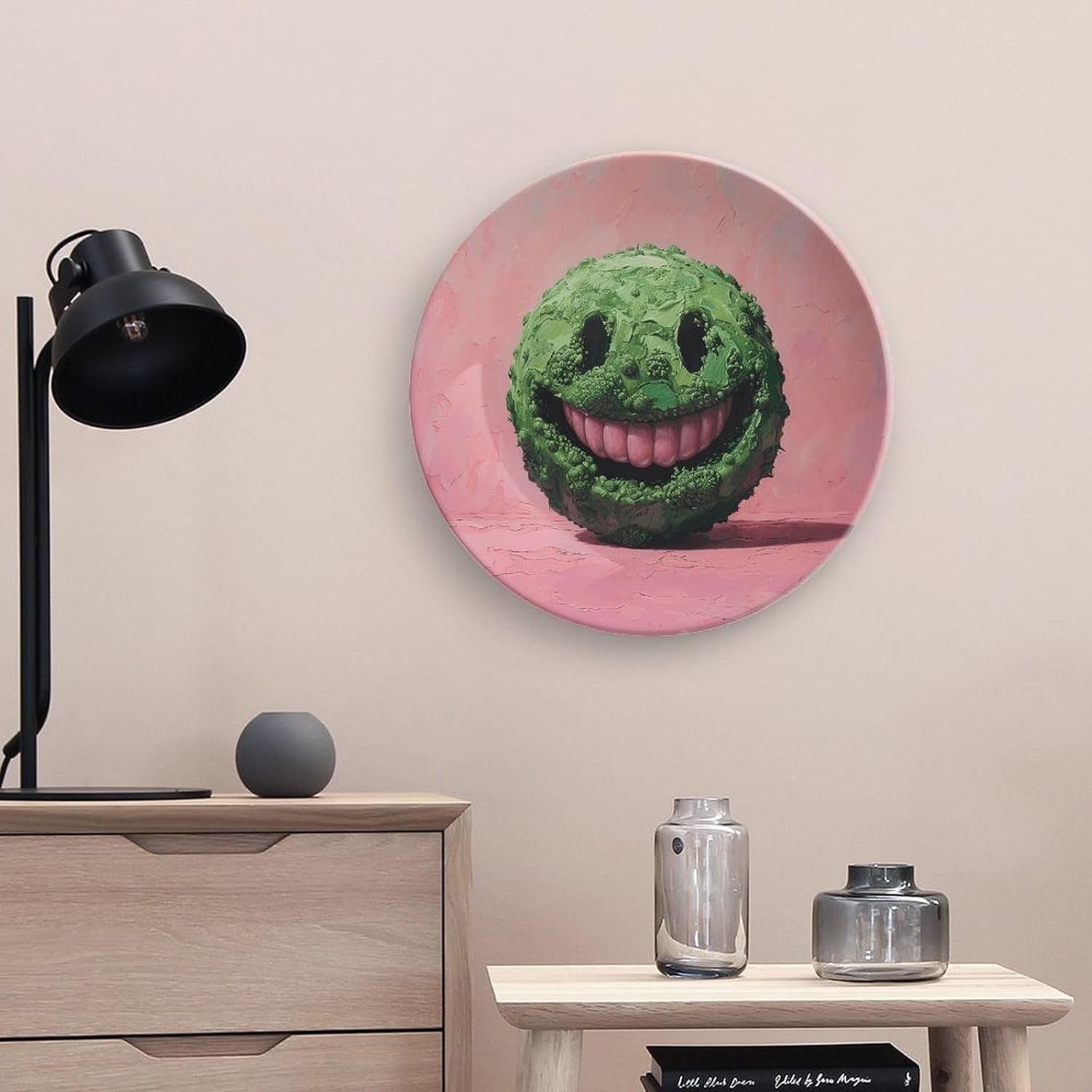 Green Smiley Face Ceramic Plate 10inch Decorative Bone China Wall Hanging Ornament Plates Bohemian Style Dinner Plate with Display Stand Cabinet Display Plates for Home Art Decor