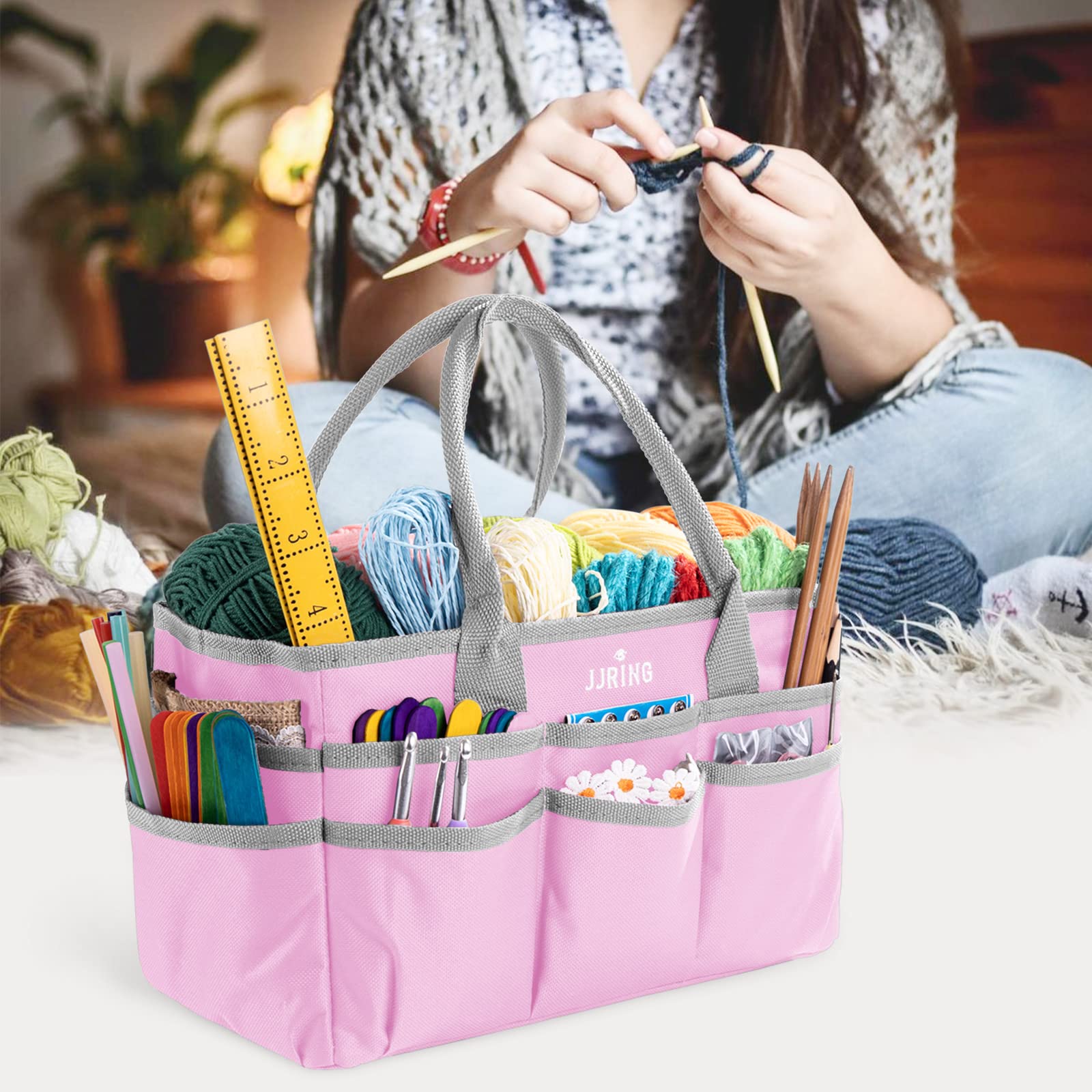 JJRING Torba na ramię do majsterkowania i sztuki - 600D różowa nylonowa tkanina artystyczna organizer torba z kieszeniami - do rękodzieła, scrapbookingu, przechowywania materiałów medycznych i