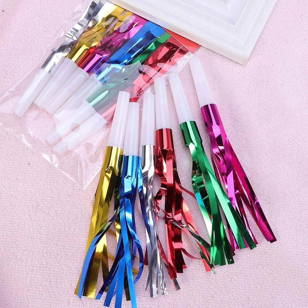 Wanna Party Pack of 12 Party Horns Noisemakers Blow Outs Whistles Toys for Party|Foil Fringe Party Blowouts|Multicolor