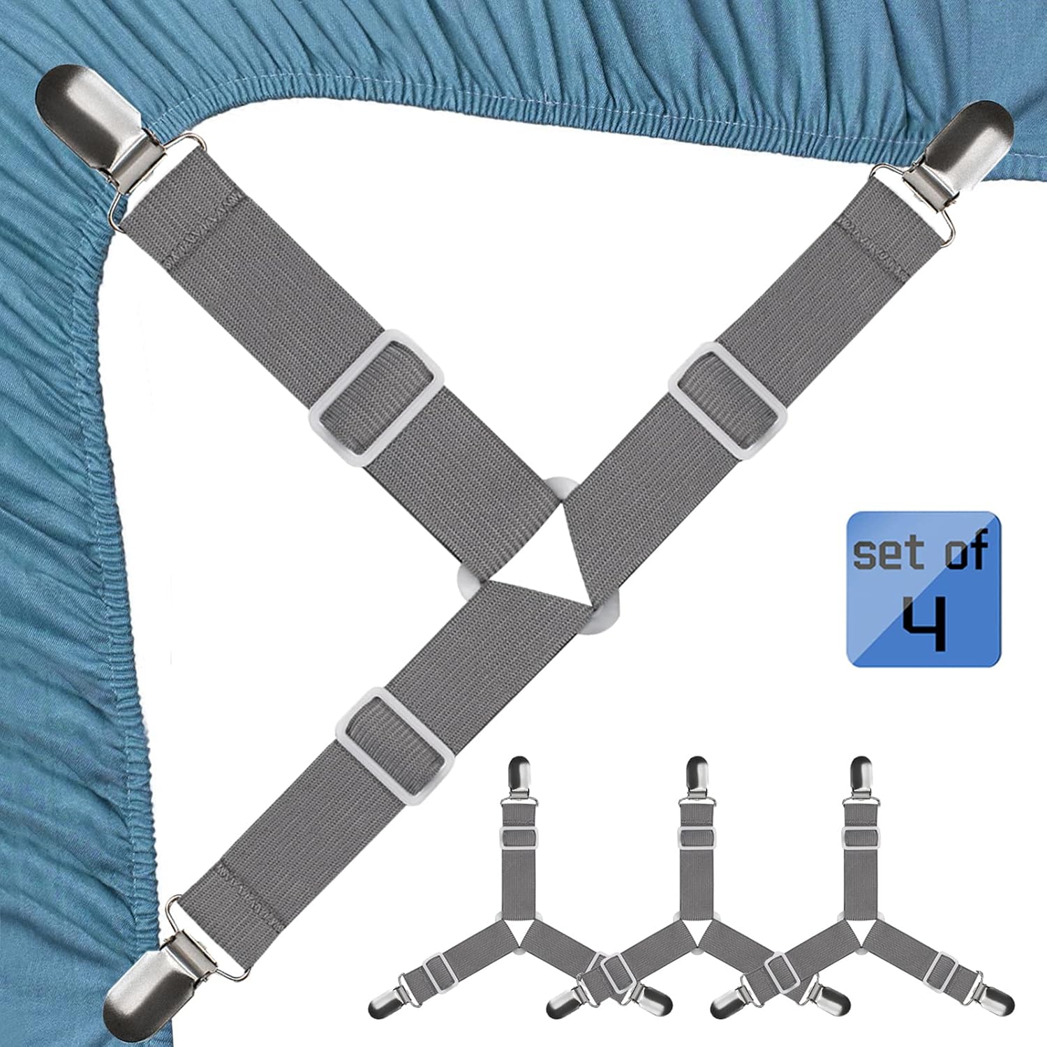 JBYAMUS Bed Sheet Straps, Easy to Install Bed Sheet Clips, Fitted Sheet Clips Sheet Straps, Say Goodbye to The Messy Sheets (Gray-4 Pcs) : Home & Kitchen