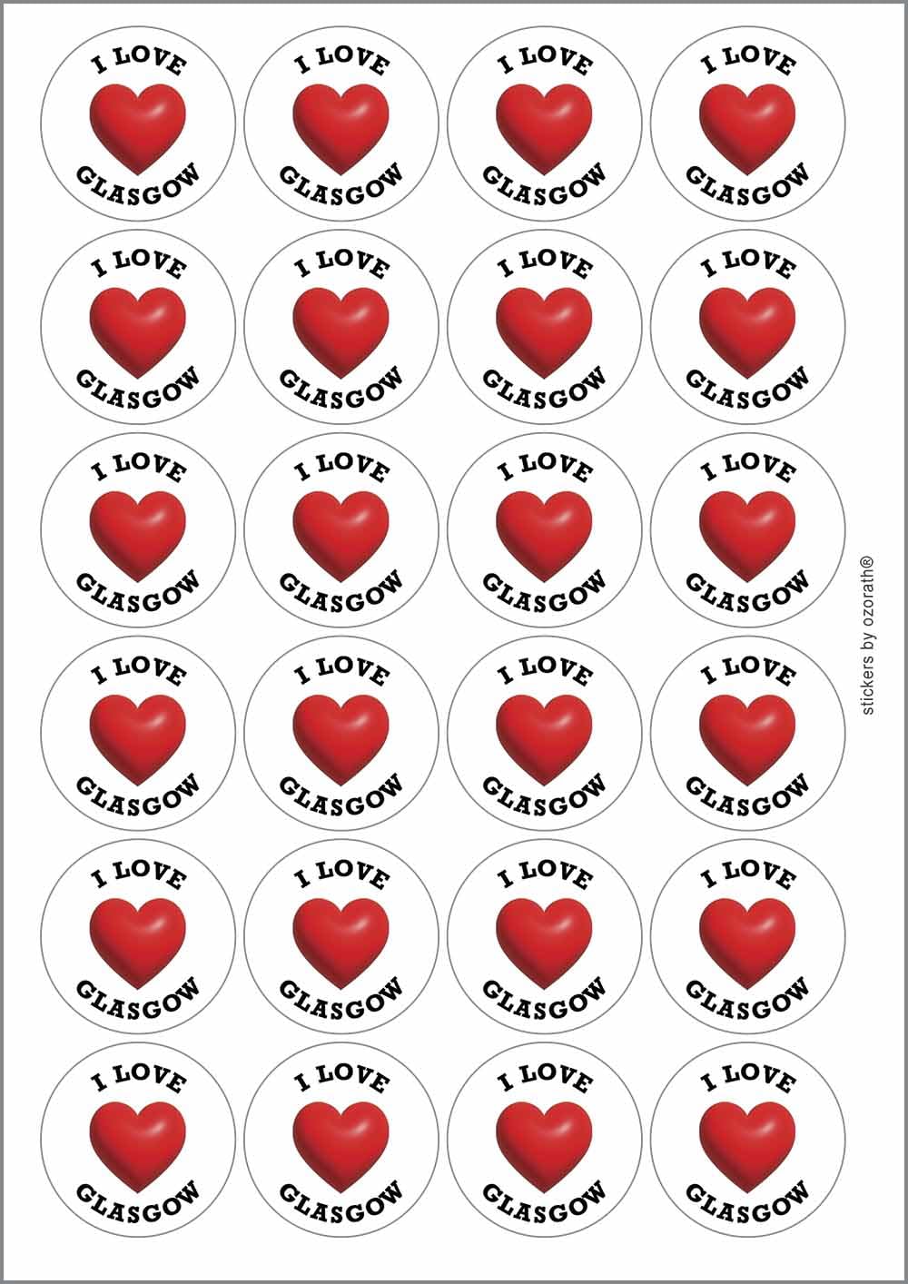 I Heart Love Glasgow Location Circular Matt Paper Stickers A4 Sheet of 24 (Each Sticker is 45mm Diameter)