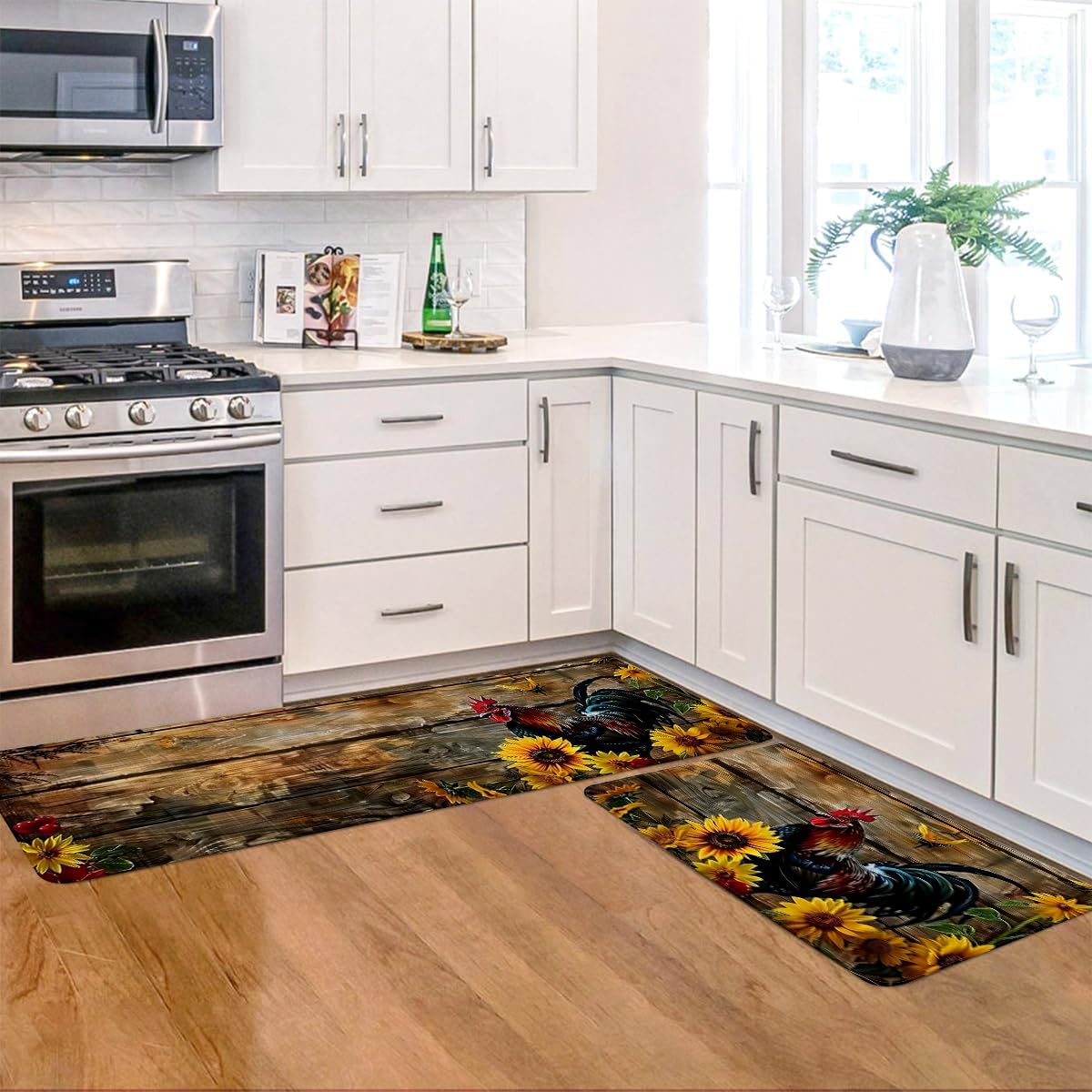 Rooster Kitchen Rugs Set of 2, Country Farmhouse Style Sunflower Kitchen Mats with Rubber Backing Non Skid Washable, Chicken Kitchen Decorations (17" x 29 + 17" x 47")