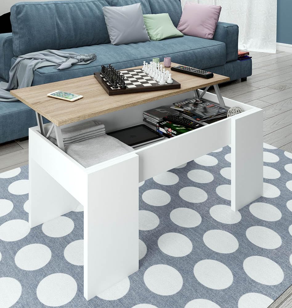 Habitdesign 0F1640A - Tavolino da salotto Low Cost, tavolo da pranzo colore Rovere Canadese - Bianco Artik, misura 100 cm (lunghezza) x 45-56 cm (altezza) x 50 cm (profondità)
