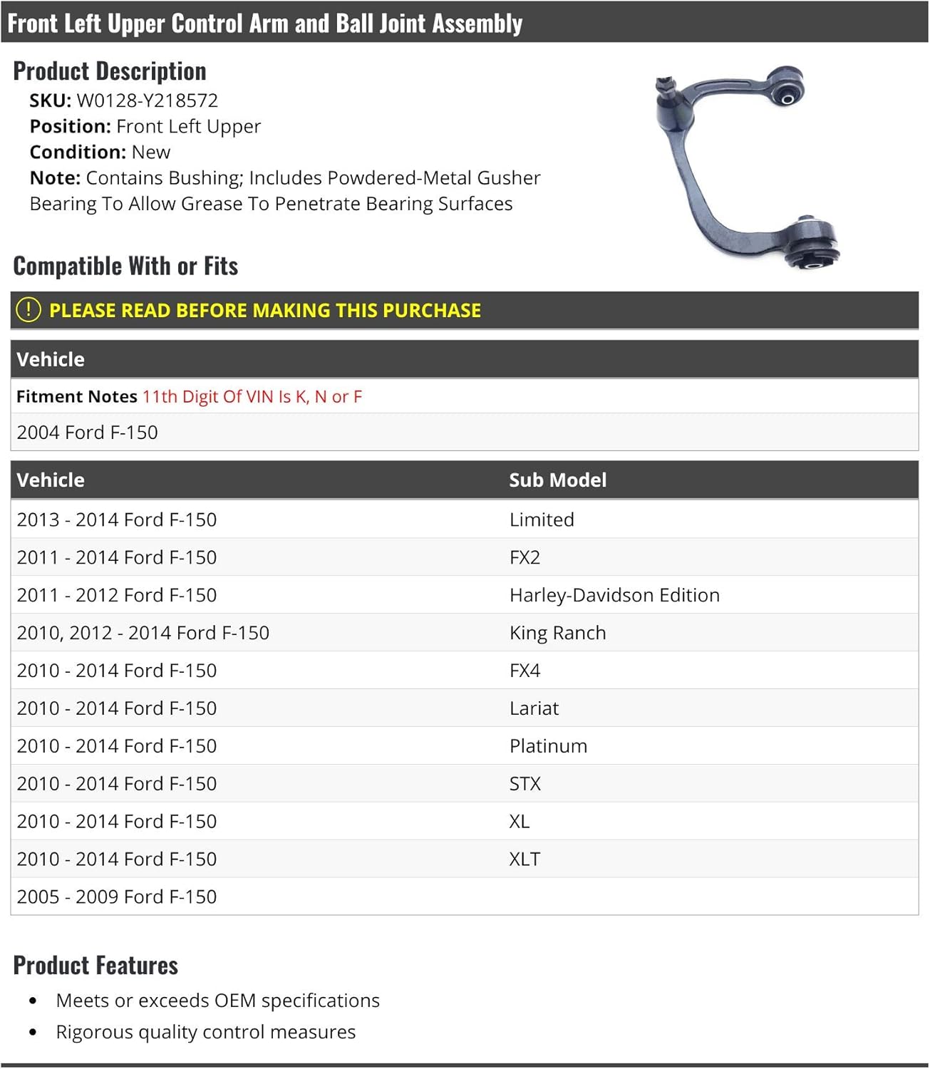 Marketplace Auto Parts Front Left Driver Side Upper Control Arm and Ball Joint Assembly - Compatible with 2004-2014 Ford F-150
