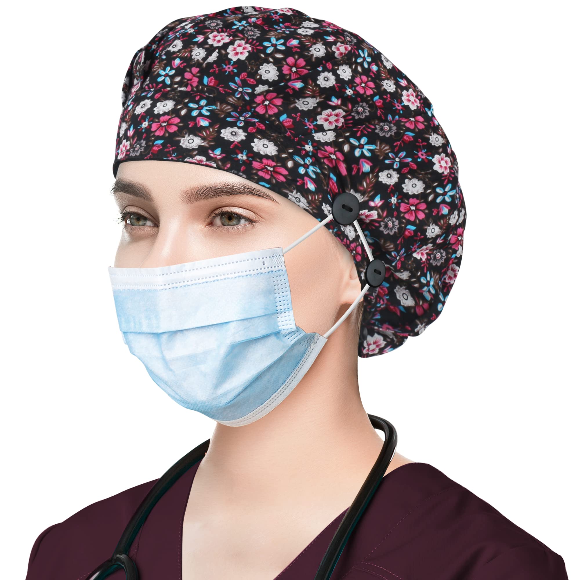 ABAMERICA Working Cap with Button and Sweatband, Adjustable Bouffant Hats for Women Men (Night Garden)