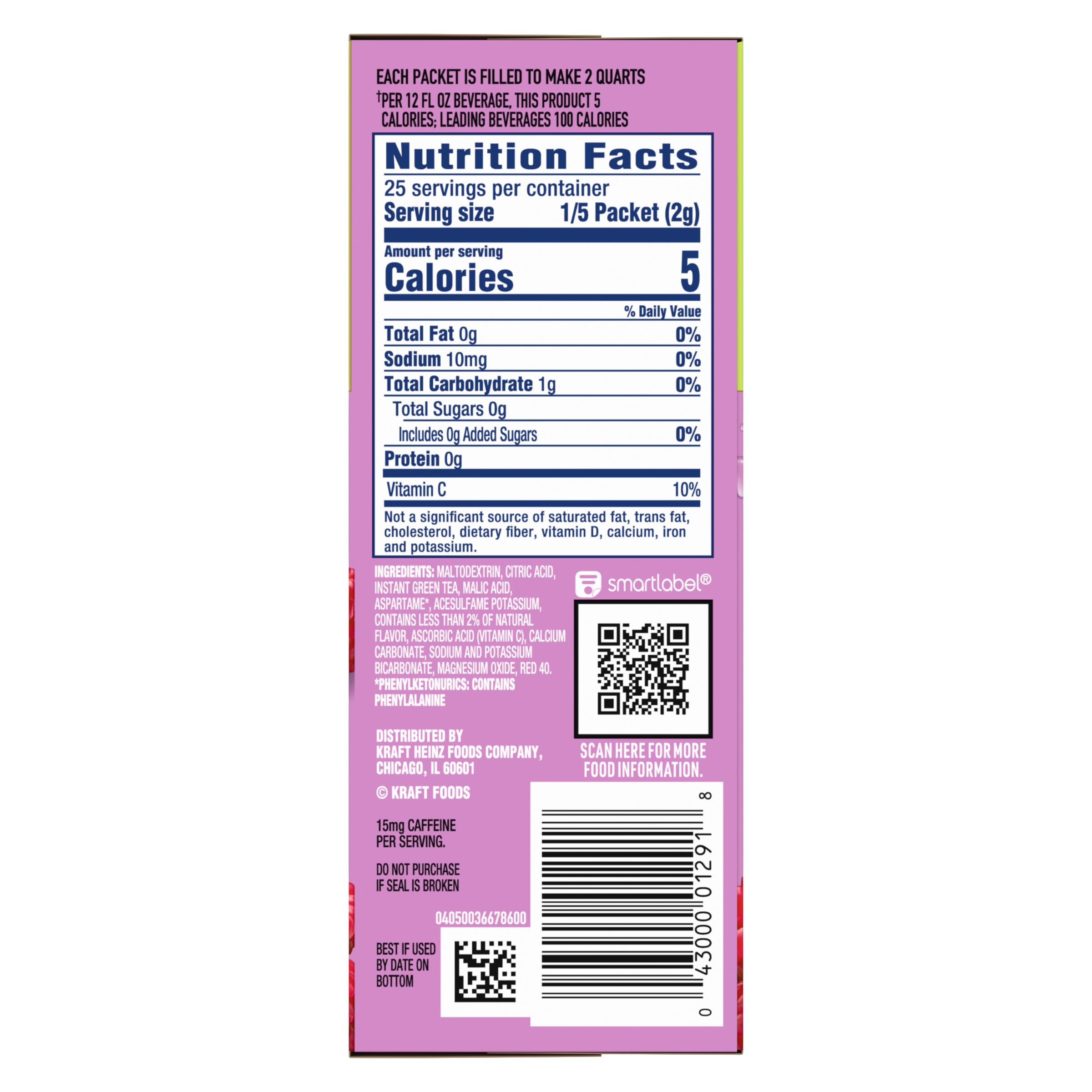 Crystal Light Drink Mix, 60 Pitcher Packets, for Flavorful Hydration and Shareable Refreshment, Naturally Flavored Raspberry Green Tea with other natural flavor, Made with Green Tea, 1.87 oz each