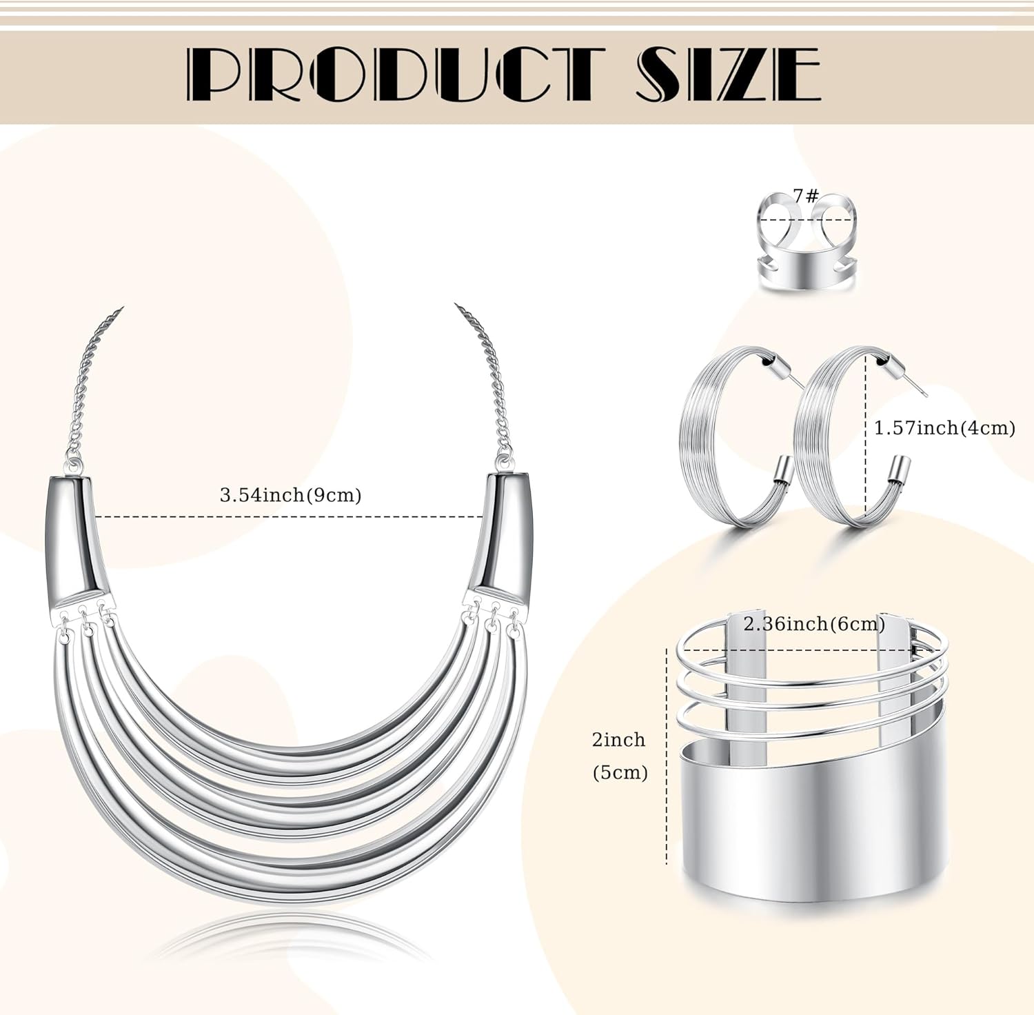 JOERICA Bib Choker Necklace Silver Gold Jewelry Set Wide Cuff Bangle Bracelet Open Hoop Earrings Adjustable Ring Chunky Silver Gold Statement Costume Jewelry Set for Women - Image 3