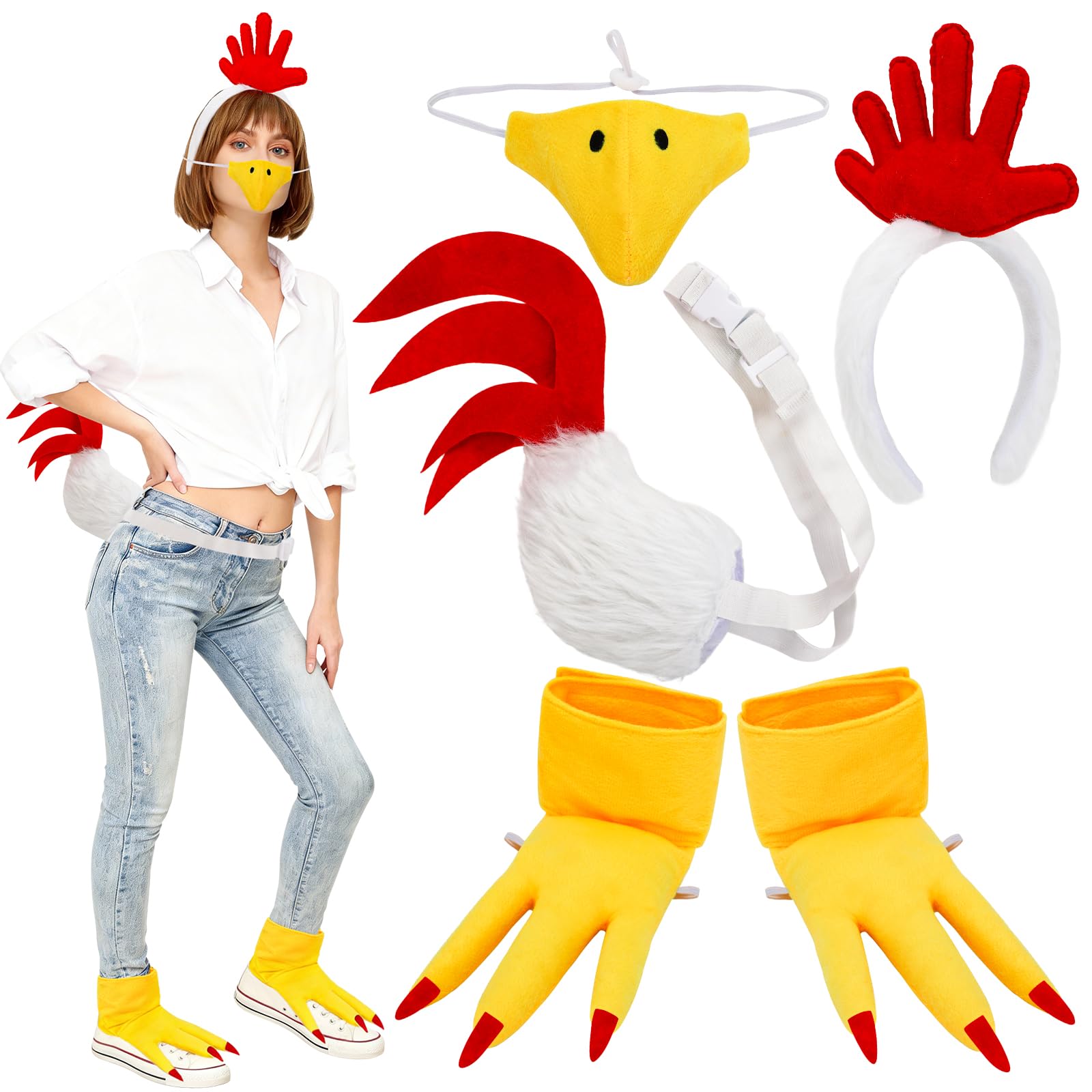 XEPST Adult Rooster Chicken Costume Set, Chicken Headband and Tail Set with Fuzzy Rooster Headband Beak Furry Tail for Animal Costume Cosplay Easter Halloween Canival Fancy Dress Party