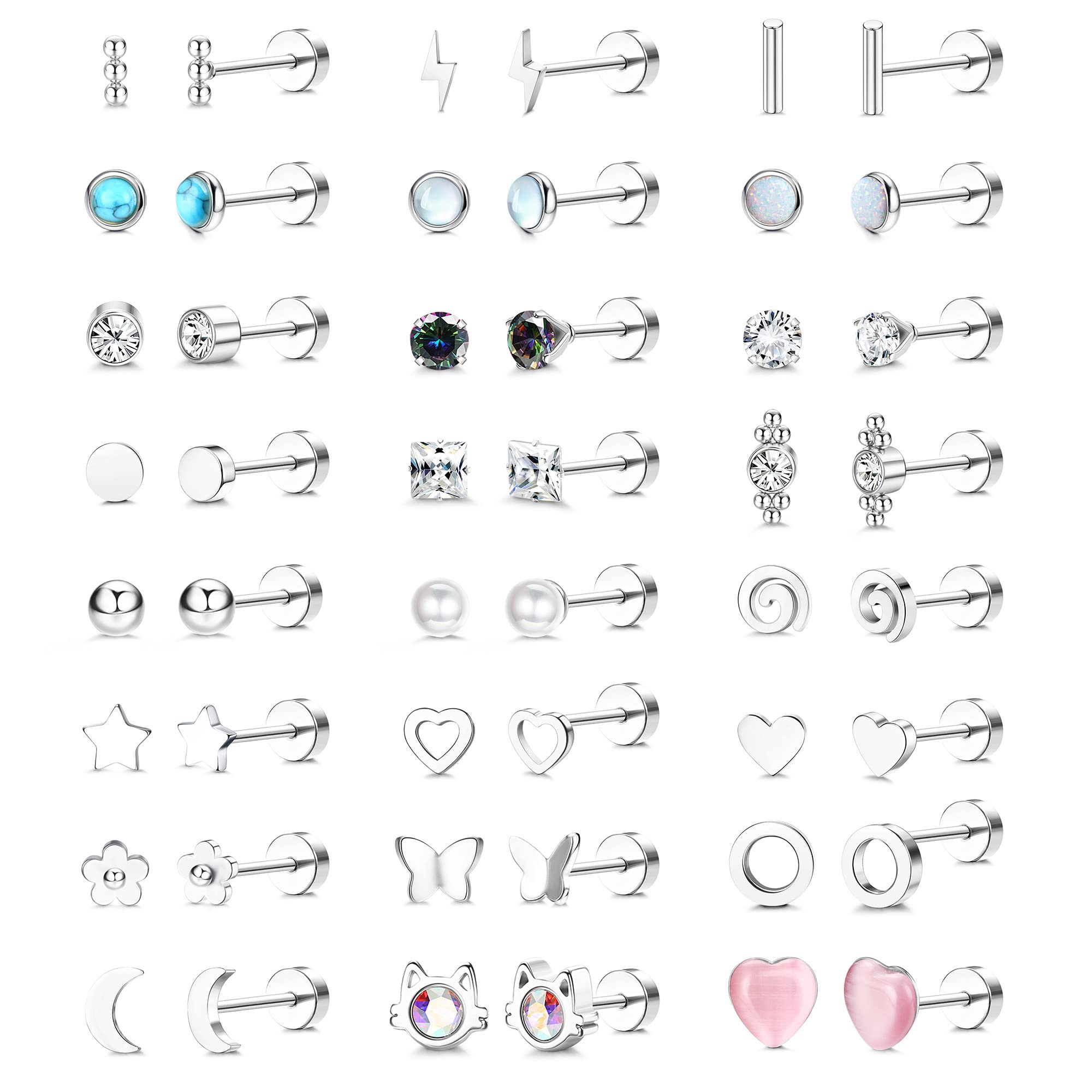 JeweBella24 Pares Pequeños Pendientes Mujer Acero Inoxidable 20G Pendientes Cartílago Geométricos Bola Estrella Luna Corazón Perla Flor Circonita Pendientes Planos para Mujer Hombre