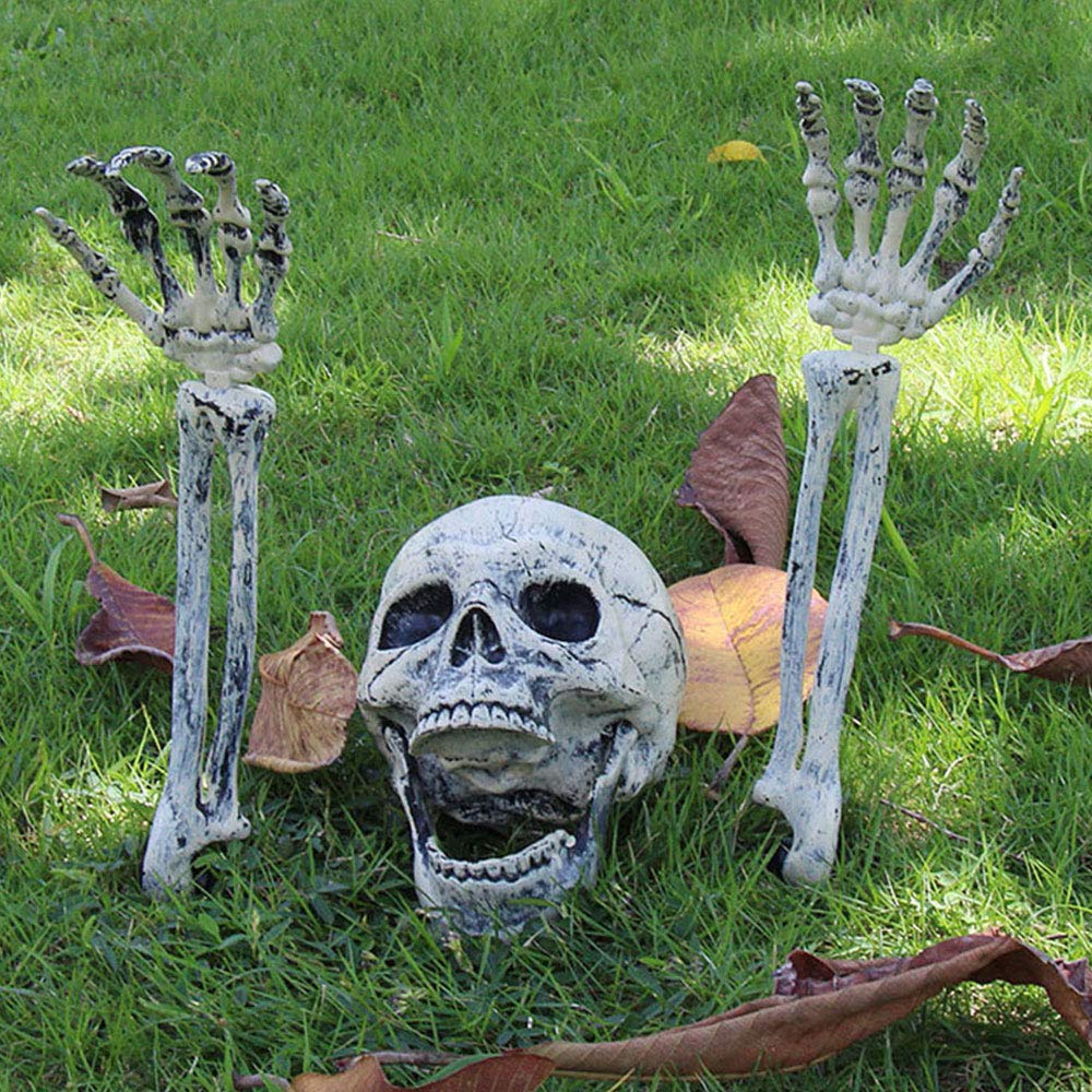 3PCS Skeleton Head and Hands Set Life Size Realistic Skull and Arms Stakes Spooky Scary Halloween Fake Skeleton Head Hand Bones Prop Decoration Outdoor Party Graveyard Lawn Ground Decor