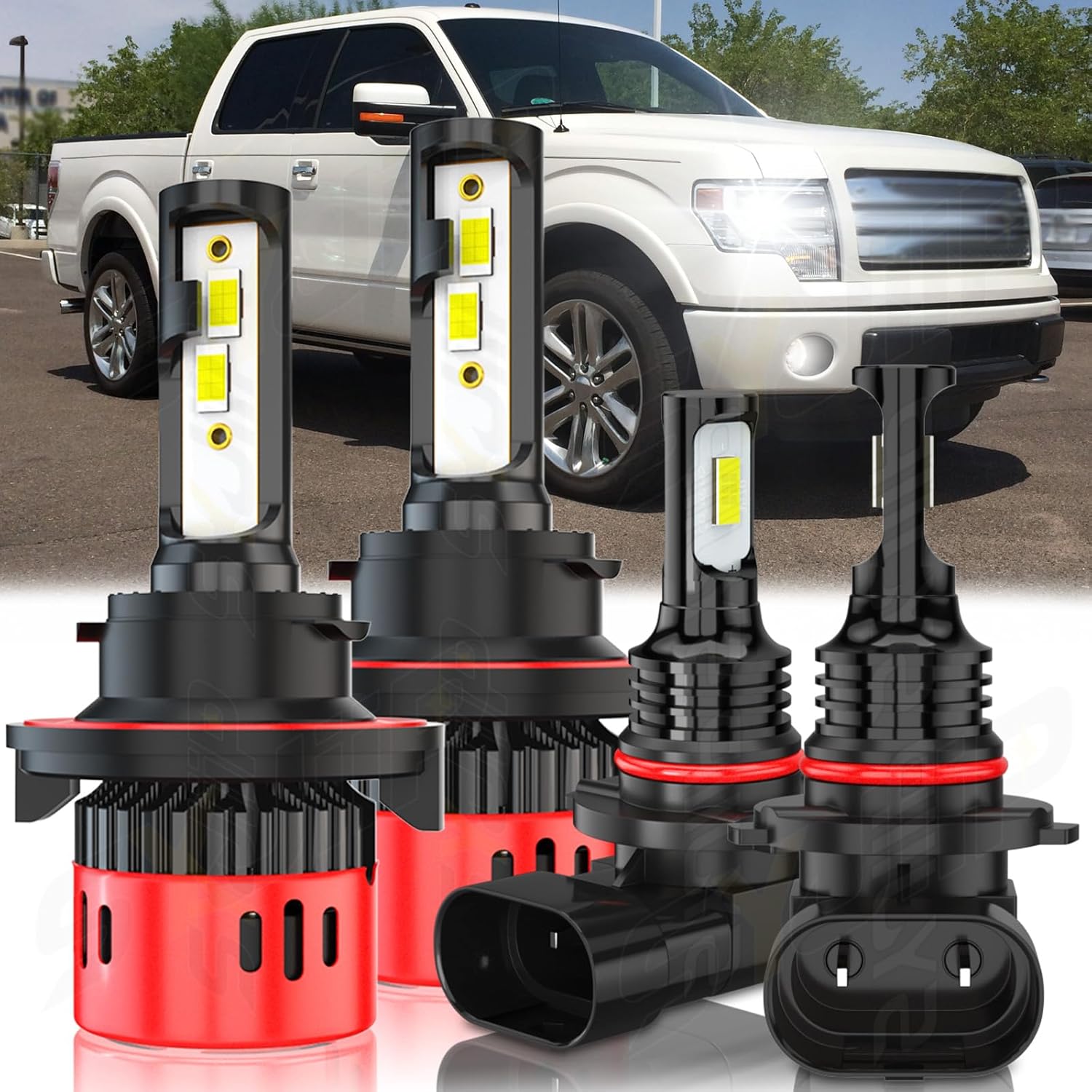 Compatible with Ford F150 2004-2014 FORD F250 F350 2005-2020 Headlight Bulbs, H13/9008 Hi/Lo Beam + 9145/9140 Fog Lights Combo, 6000K H13 Bulb Cool White, Plug and Play, Pack of 4