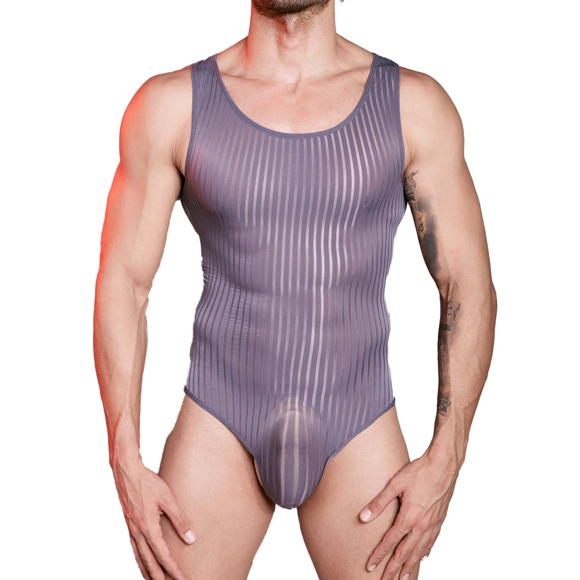 QiaTi Men’s Striped Sheer Bodysuit Slim Sport Undershirts Sexy Briefs Jumpsuit Sleeveless Wrestling Singlet Stretchy One-piece Leotard