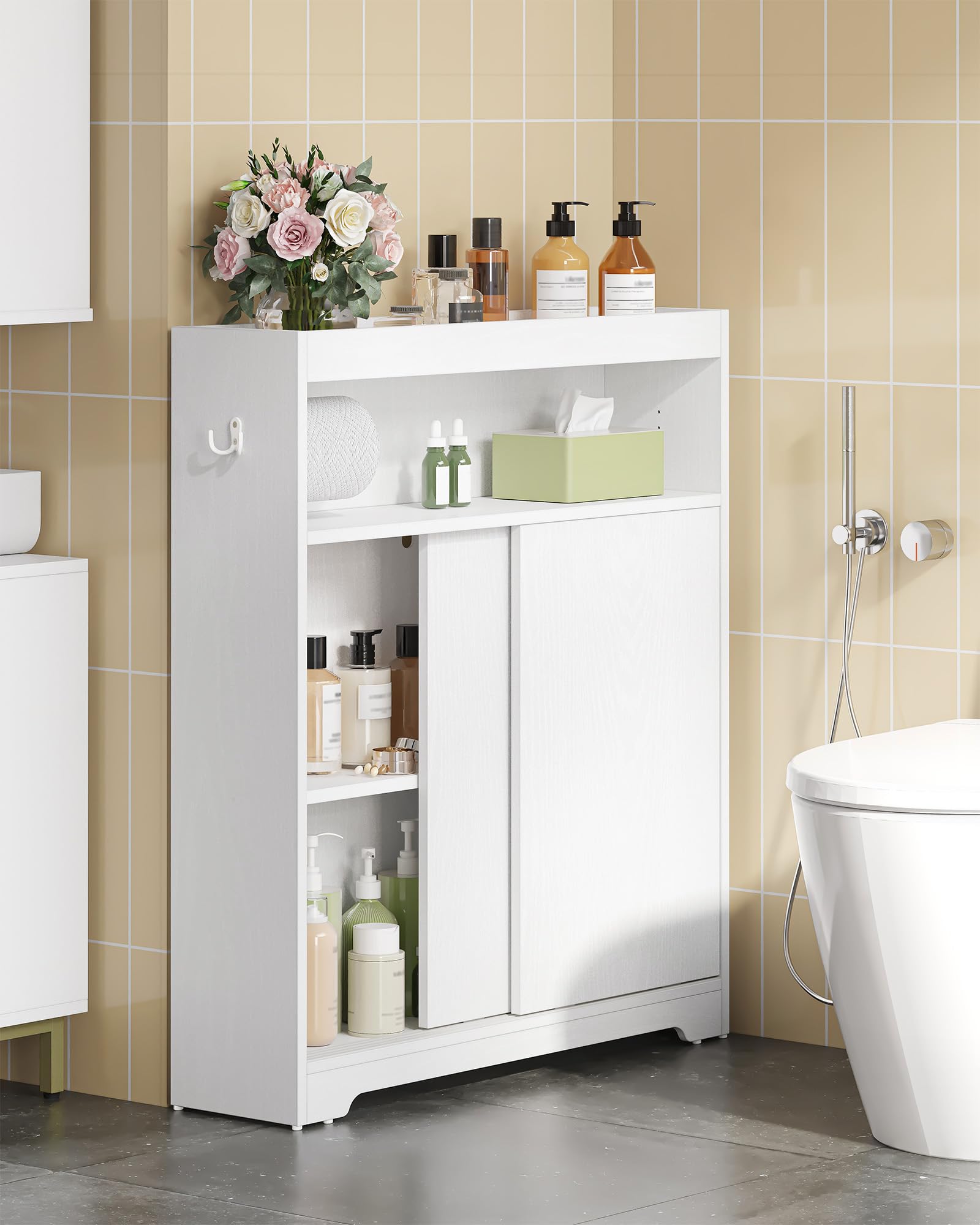Hzuaneri Badezimmerschrank, Nischenschrank, Platzsparende Badschrank mit Toilettenpapierhalter und Haken, Schiebetür, Verstellbares Regal, für Das Badezimmer, 20 x 80 x 90 cm, Weiß BC63813X