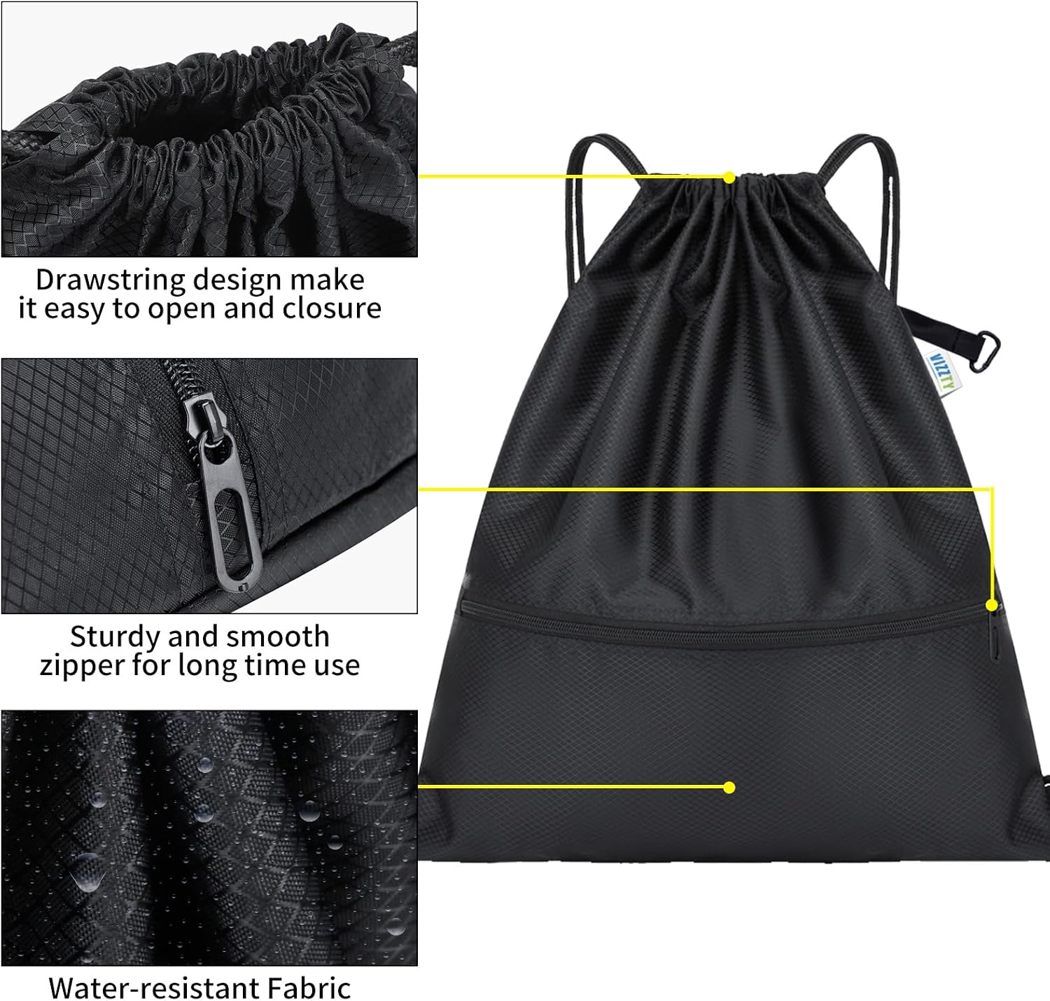 Drawstring Backpack Sport Gym Bag for Women ＆ Men,beach bag，Waterproof Lightweight Backpack With Outer Storage，Best workout bag for dance/hiking/soccer/basketball (Black) image 2