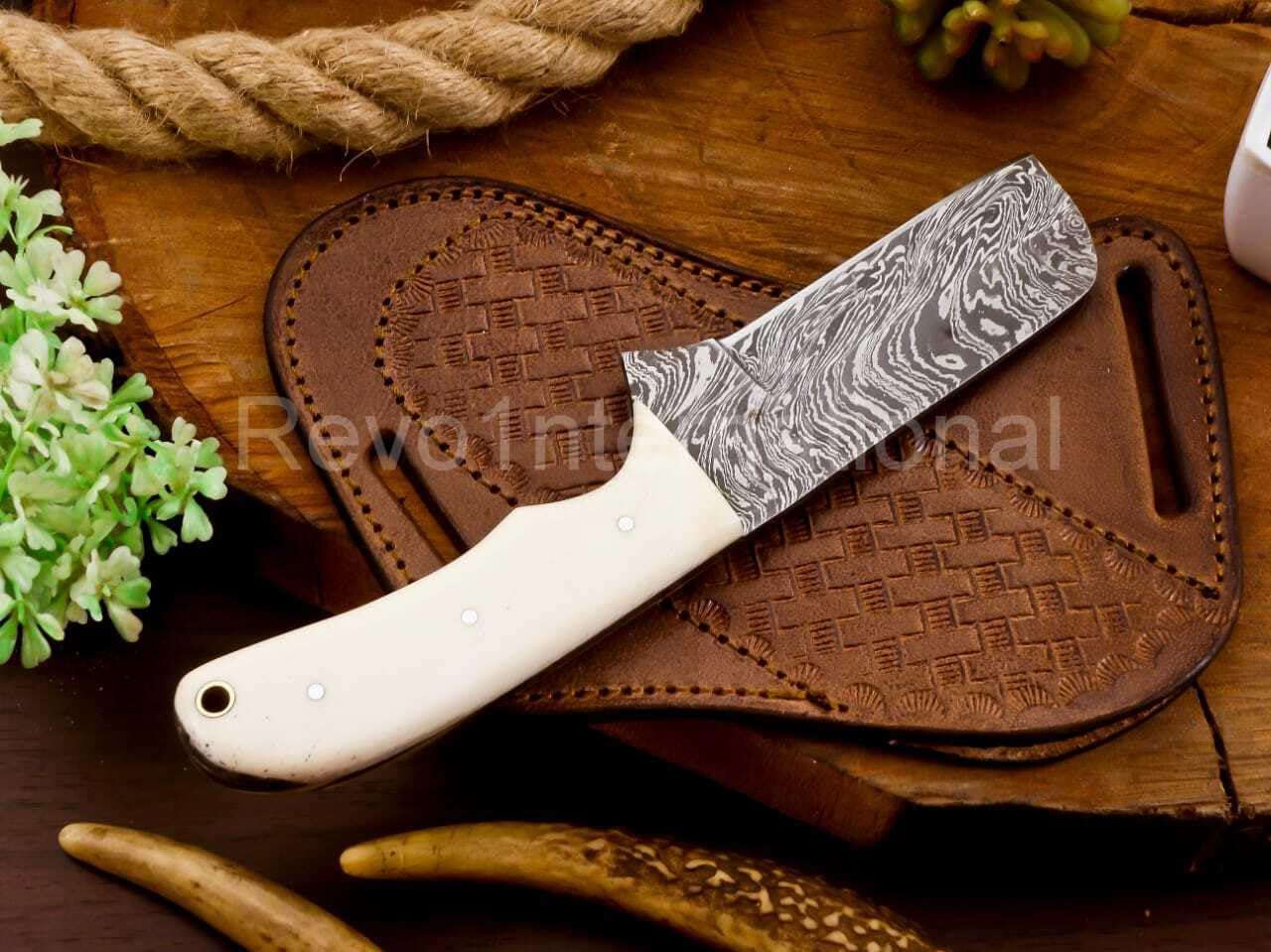 Hand Forged Cowboy Bull Cutter Knife With Sheath, 8 Inch Damascus Steel Edc Knives, Cowboy Knife, Knives for Men; 9034