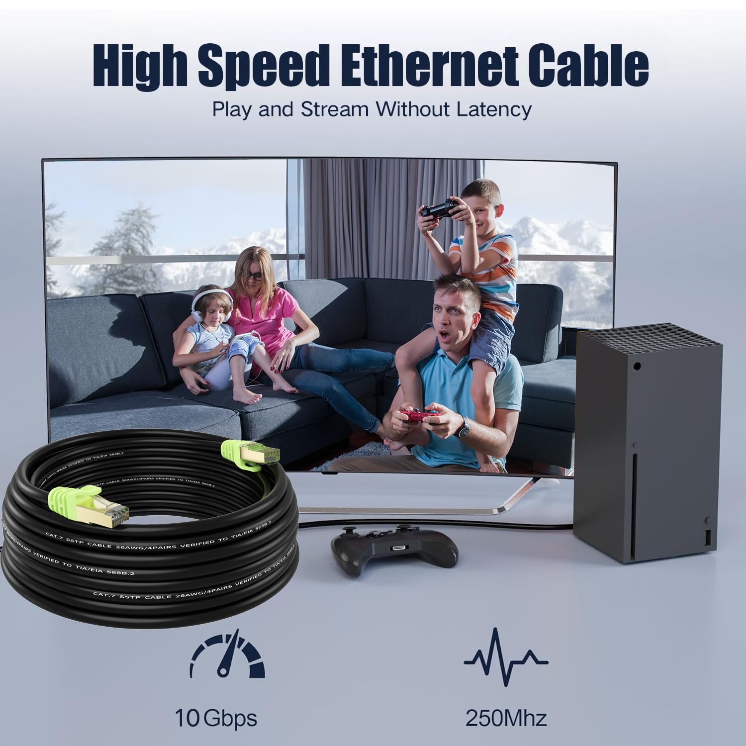XXONE Cable Ethernet Cat 7 para exteriores de 50 pies, cable de conexión de red Cat7 de 26 AWG, velocidad de transmisión RJ45, ancho de banda de transmisión de 10 Gbps, 600 MHz, cable LAN SFTP,