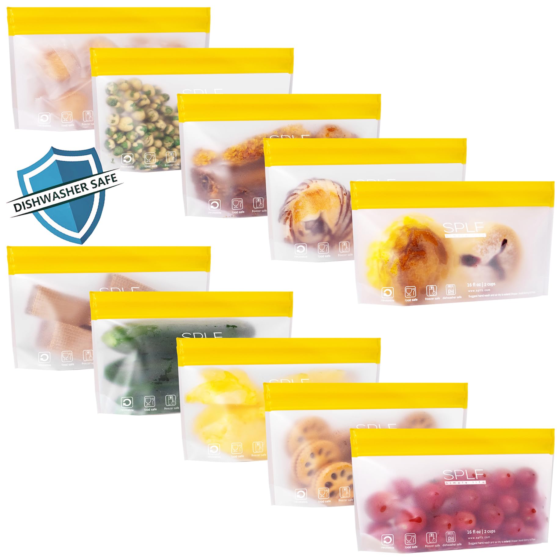 SPLF 10 Pack Stand-Up Reusable Snack Bags Dishwasher Safe, BPA Free Food Storage Bags, Extra Thick Leakproof Freezer Bags Silicone Snack Pouch For