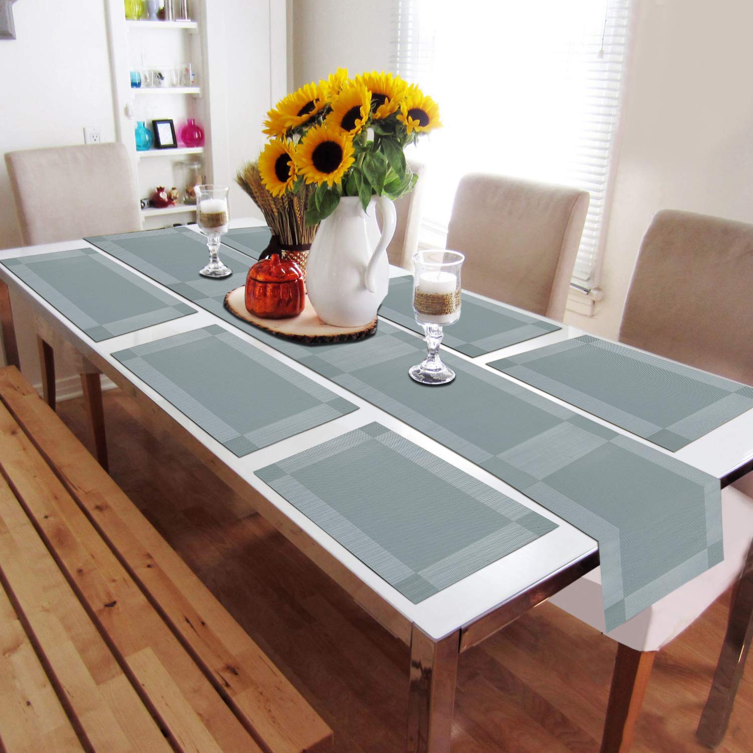 HOKIPO Pvc Set Of 6 Mats For Dining Table With Runner (Ar3064), Polyvinyl Chloride, Blue