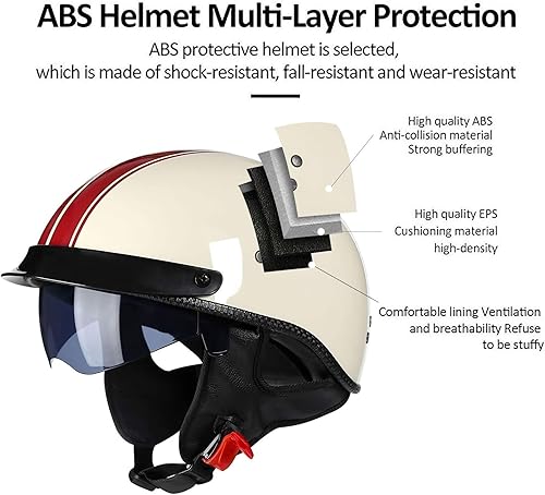 Miniatura 2 de Casco Moto Retro Vintage Jet Medio para Hombre y Mujer Adultos, DOT Homologado, Ventilación Dual, Visera Retráctil y Desmontable, Apto para Patinete