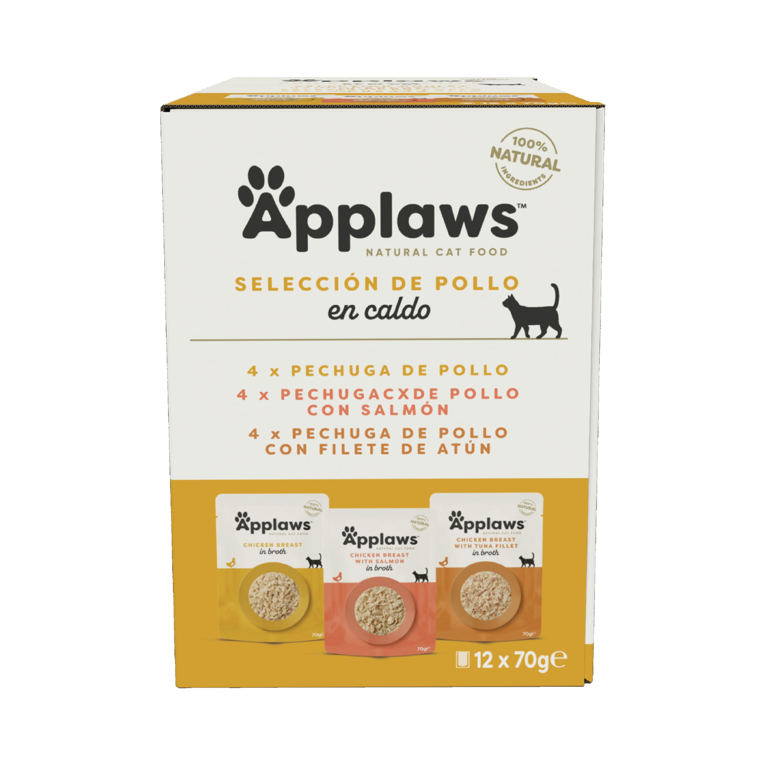 Applaws 100% Natural Comida Húmeda para Gatos, Pouch Multipack Selección de Pollo en Caldo Pack de 12 Packs de 70 g