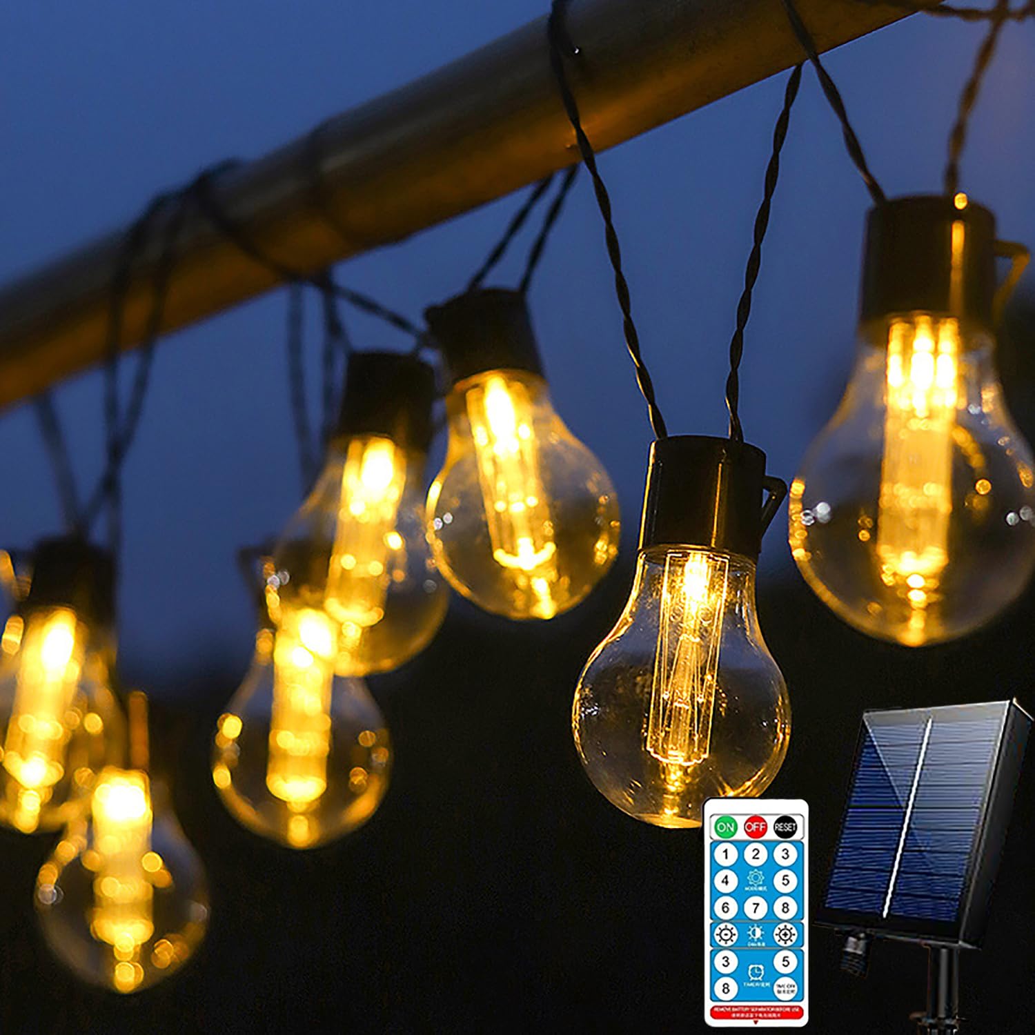 Solar Lichterkette mit Fernbedienung LED Glühbirnen Vintage Deko Garten Beleuchtung Wasserdich String Licht 8 Modi Timer Dimmbar USB für Balkon Garten Pavillon Terrasse Vorzelt (5m 20bulbs)