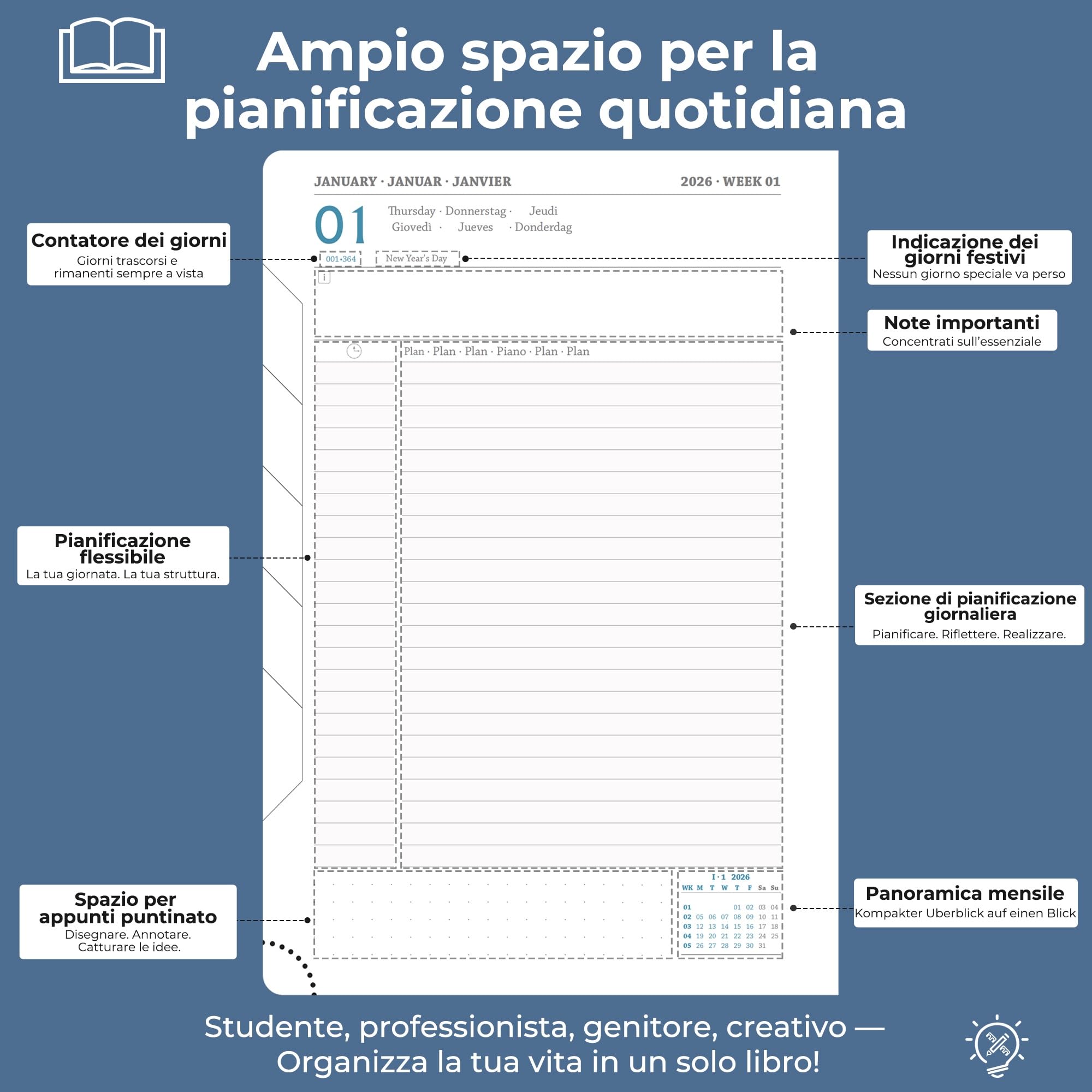 Agenda 2026 A5: Diario, Pianificatore quotidiano 1 pagina/giorno, Carta 80 g/m² 21,5x15 cm, con portapenne & tasca interna, pelle vegana Blu marino