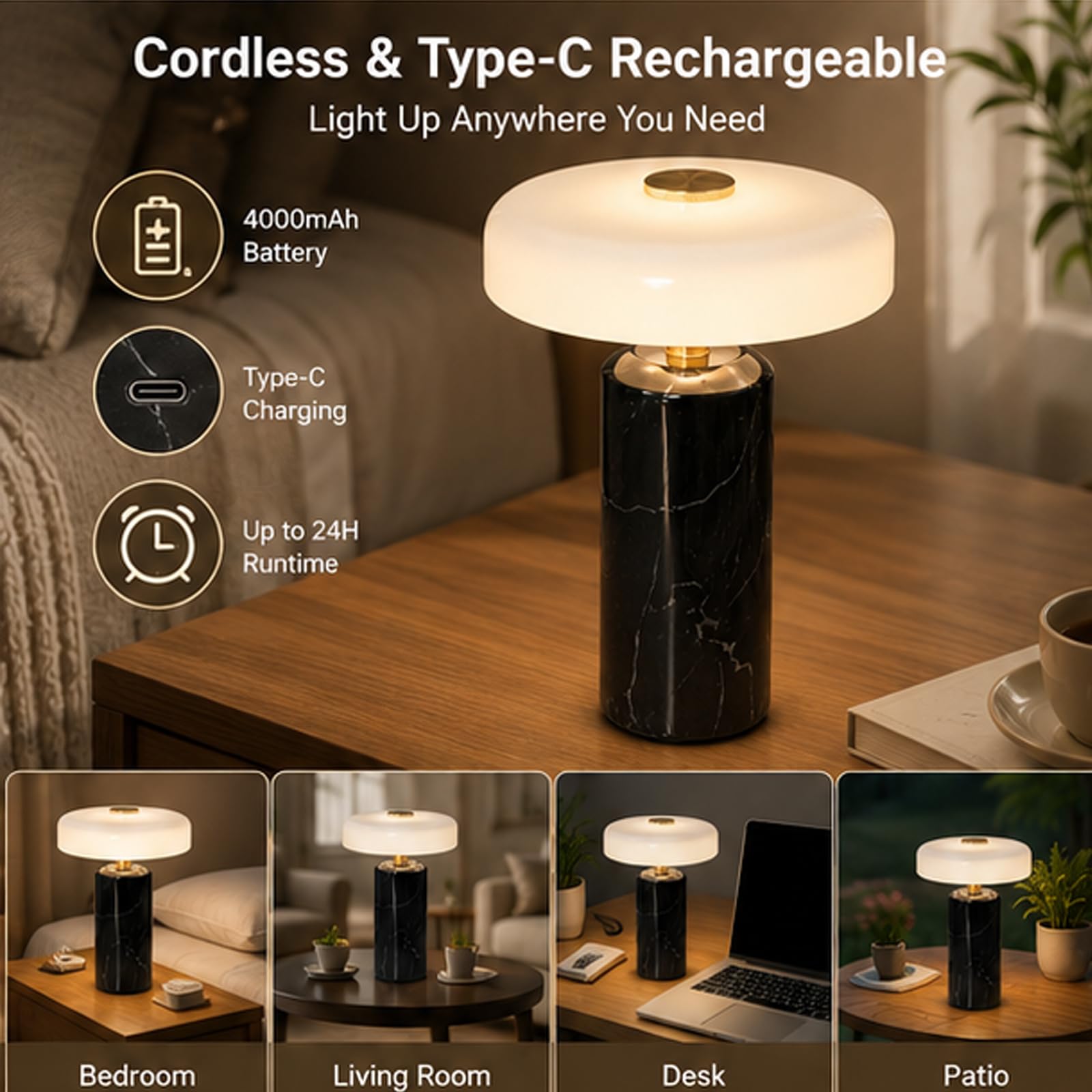Lámpara de mesa táctil recargable de piedra de lujo de mármol, luz nocturna de mármol de piedra con pantalla de vidrio de leche, luz decorativa/regulable de 3 vías, para dormitorio, sala de estar red