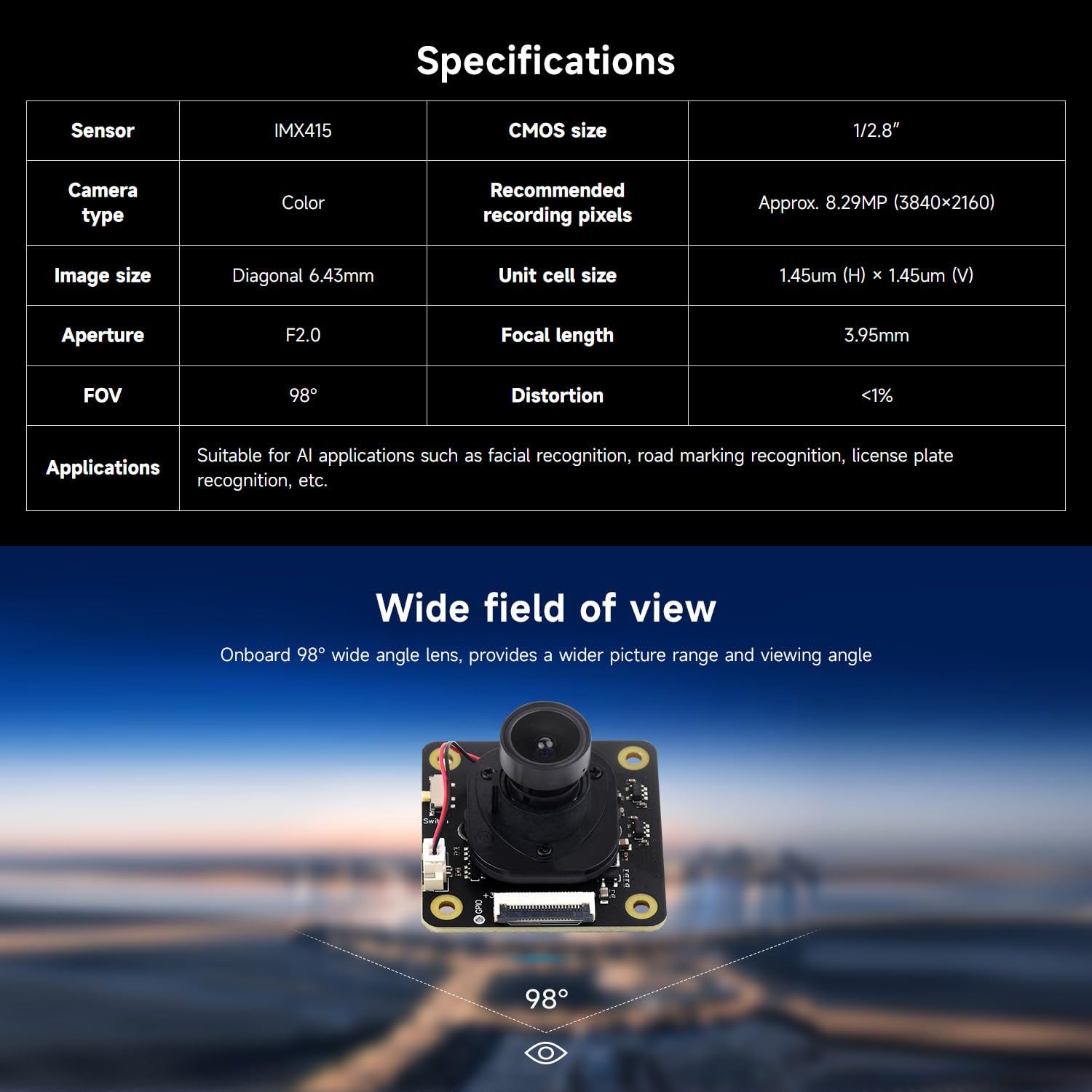 Waveshare IMX415 8MP Camera Module, Adopts IMX415 Sensor Chip with 98° Wide Angle Lens, Good Low Light Performance, and Low Distortion, Suitable for AI Applications