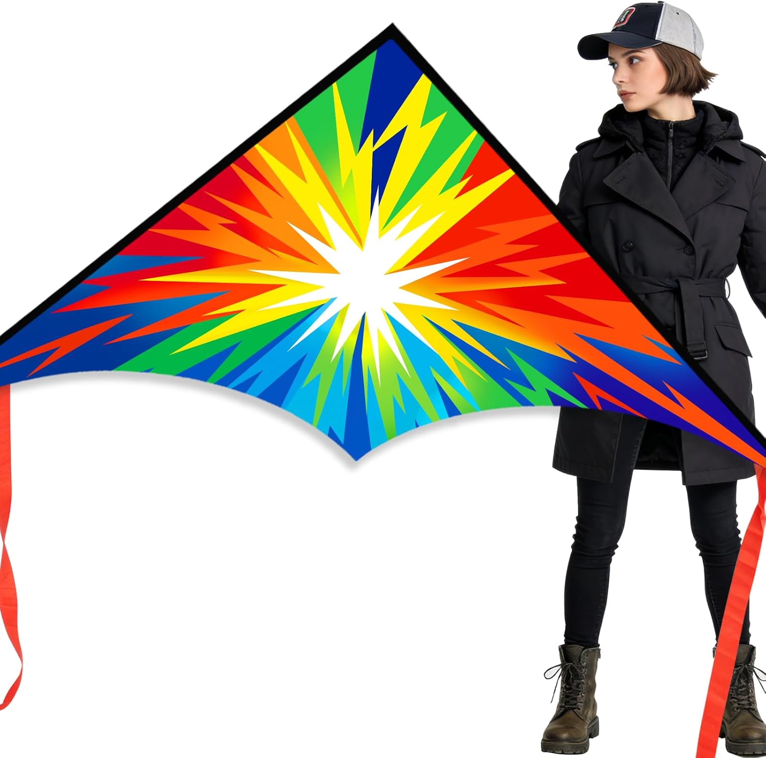 Xida Large Delta Kite for Kids & Adults - Easy to Fly Kites for Kids Ages 4-8 & 8-12, Vibrant Rainbow Kite with Cool Lightning Design