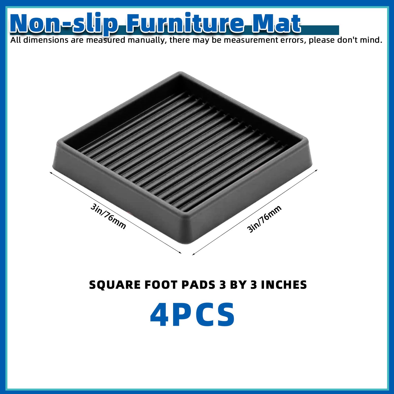 Glarks Black 4Pcs 3 x 3in Square Shape Non Slip Furniture Pads Rubber Anti Skid Caster Cups, Leg Coasters Couch, Chair, Feet - Image 2