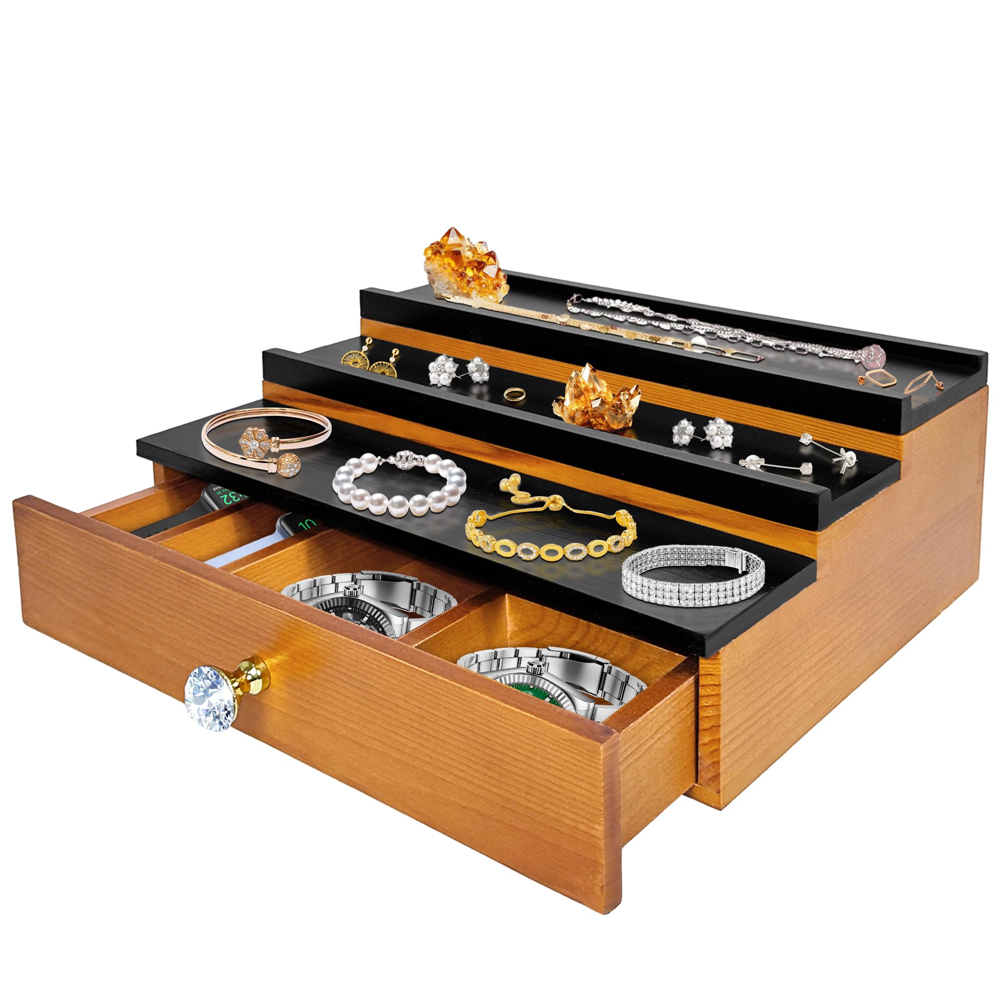 Montex Cologne Organizer For Men 3 Tier Wooden Perfume Organizer with Drawer and Secret Storage, Extra Space for Necklace, Bracelet and Ring, Great Gift for Men, Oak & Black