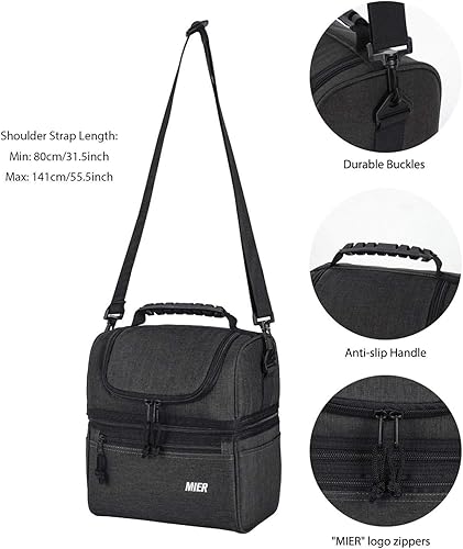 Miniatura 3 de MIER Lonchera aislada con 2 compartimentos y paquete de almuerzo expandible para hombres y mujeres, color negro