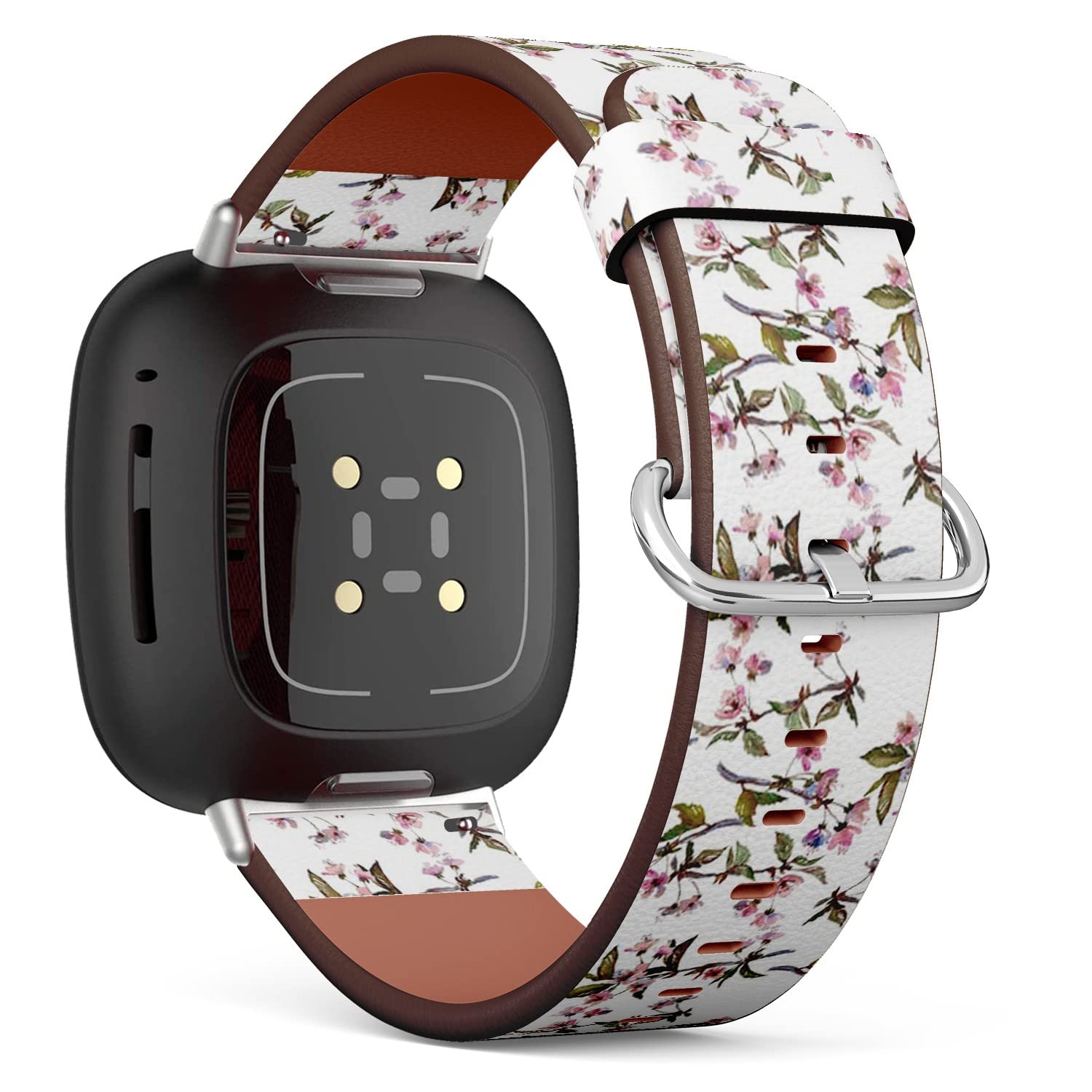 CJBROES Replacement Leather Watch Band, Compatible with Fitbit Versa 3 and Fitbit Sense of Wristband Bracelet Accessory - Watercolor Cherry Blossom