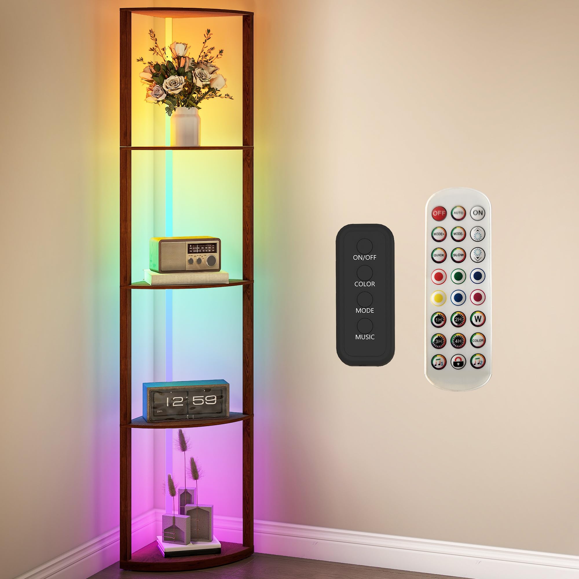 HOMCOM 5 Shelf Floor Lamp - Brown - Dimmable RGB LED