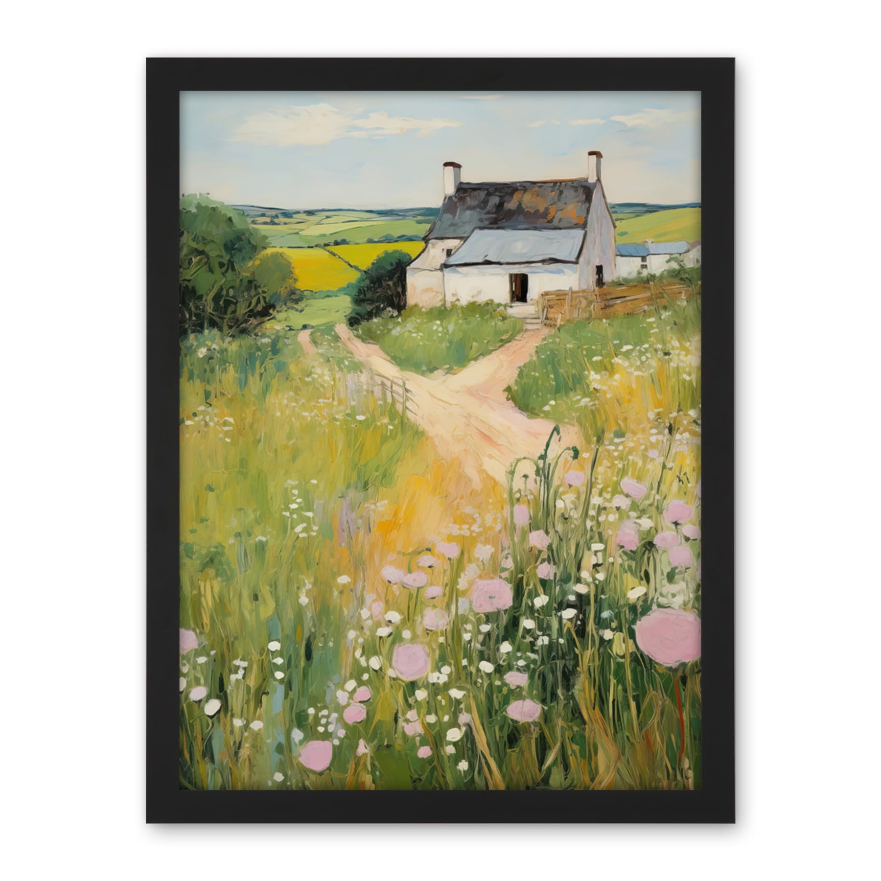Artery8 Country Farmhouse Cottage Scene Traditional Landscape Oil Painting Meadows Countryside Summer Artwork Framed Wall Art Print 18X24 Inch