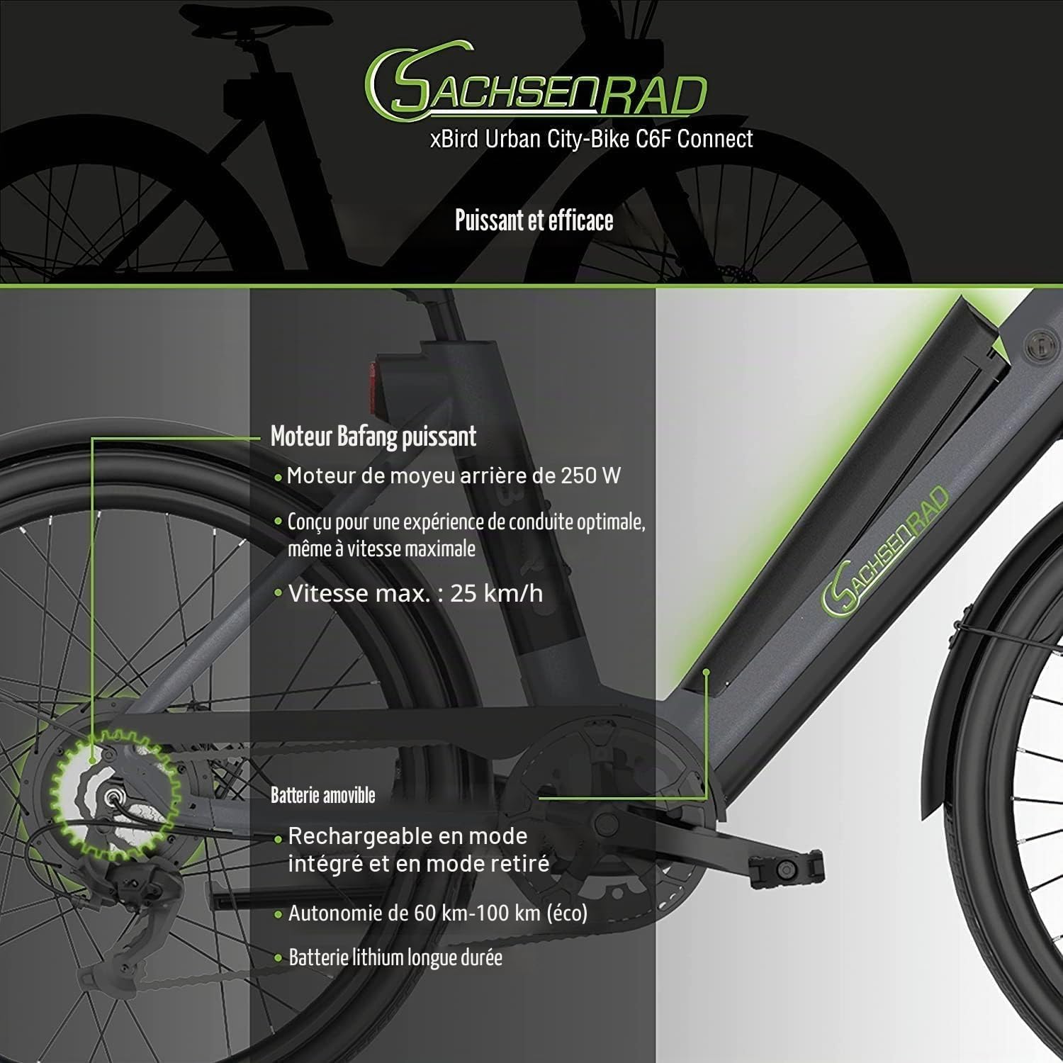 xBird Vélo de ville urbain C6F Connect avec application antivol | Vélo électrique au design moderne avec écran LCD intégré et éclairage LED homologué StVZO pour 150-180CM
