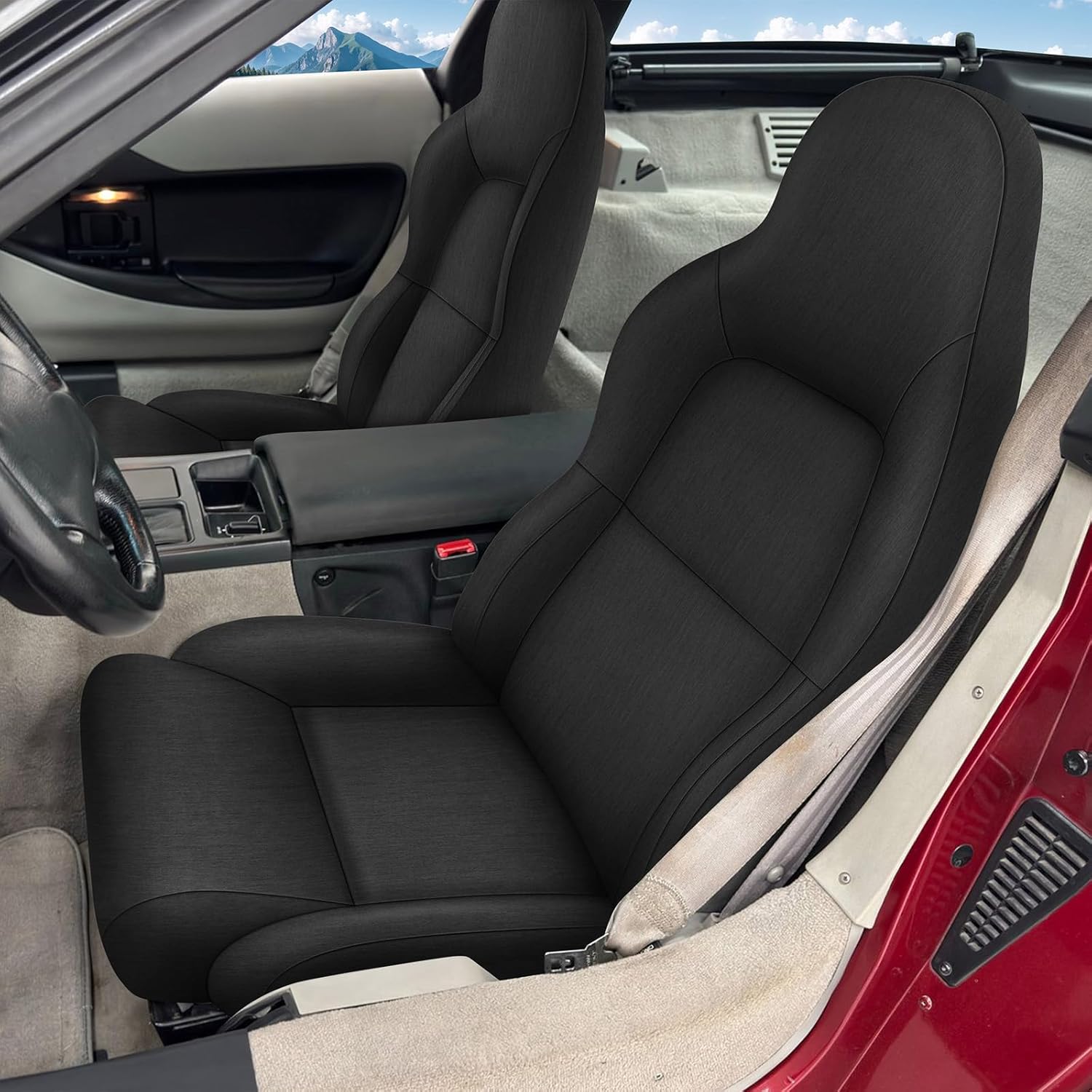 Front Seat Cover Compatible with 1994-1996 Chevy Corvette C4 Standard, Heavy Duty Cationic Linen Fabric Seat Protector