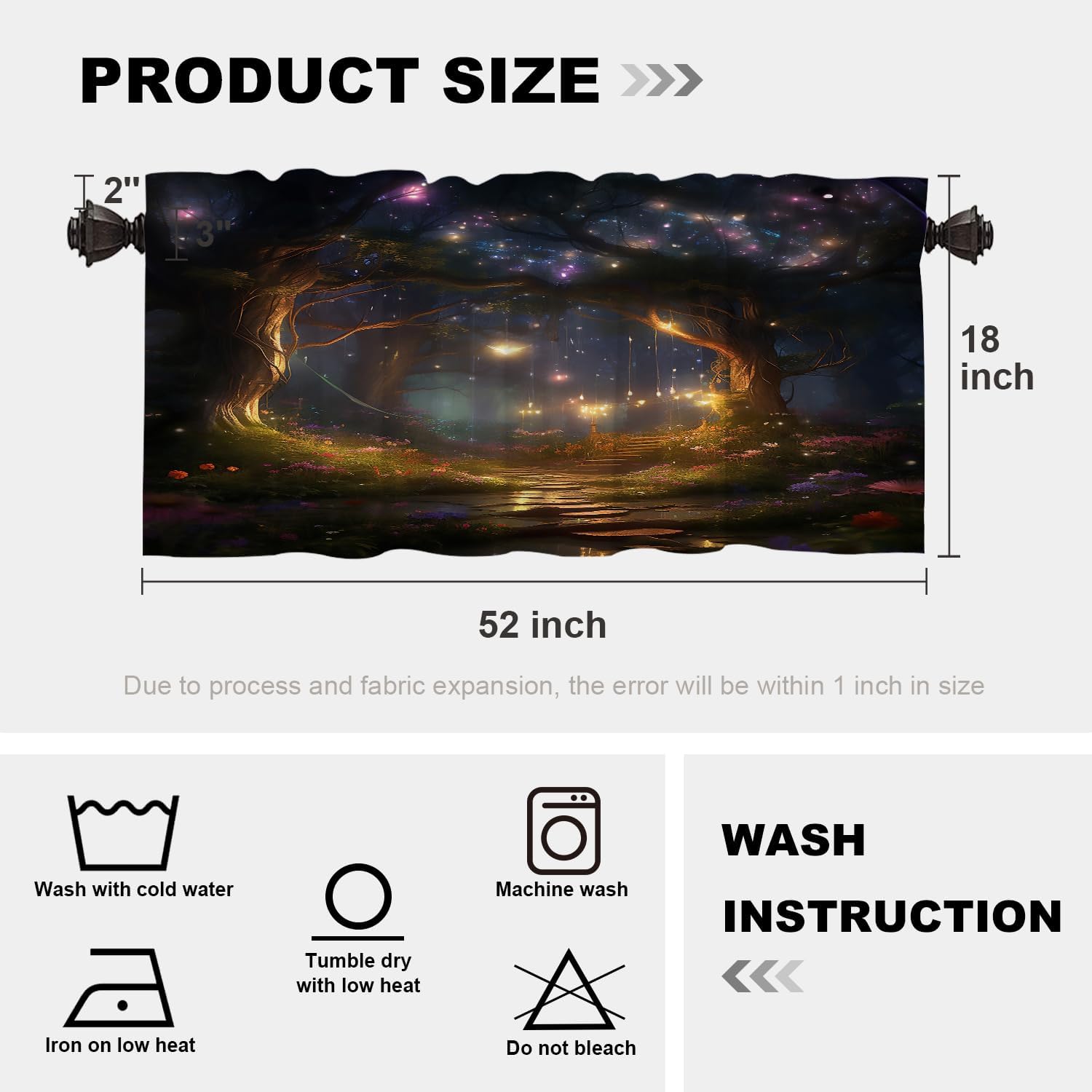 Batmerry Forest Lights Path Valance Curtains, A Magical Forest at Night Window Treatment Kitchen Valances Multilayer Polyester Blackout for Living Room/Bathroom, 2 Pack 52x18 inches
