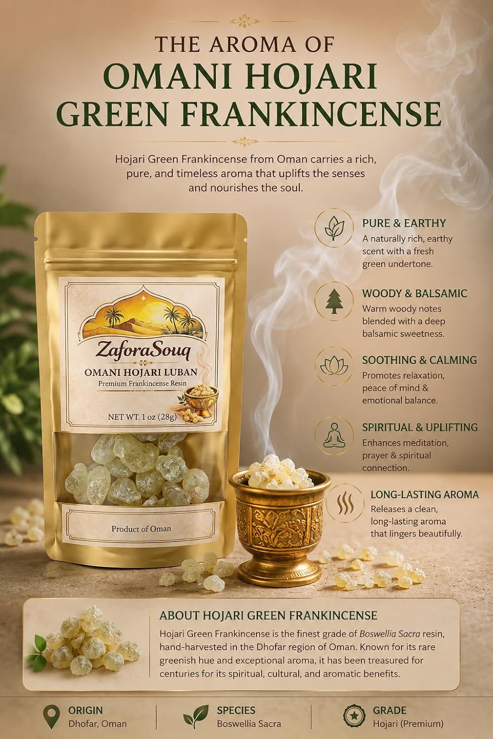 Green Hojari Frankincense Resin - Omani Boswellia Sacra Luban - Premium 100% Natural Luban from Salalah Dhofar Oman 1 oz - ZaforaSouq
