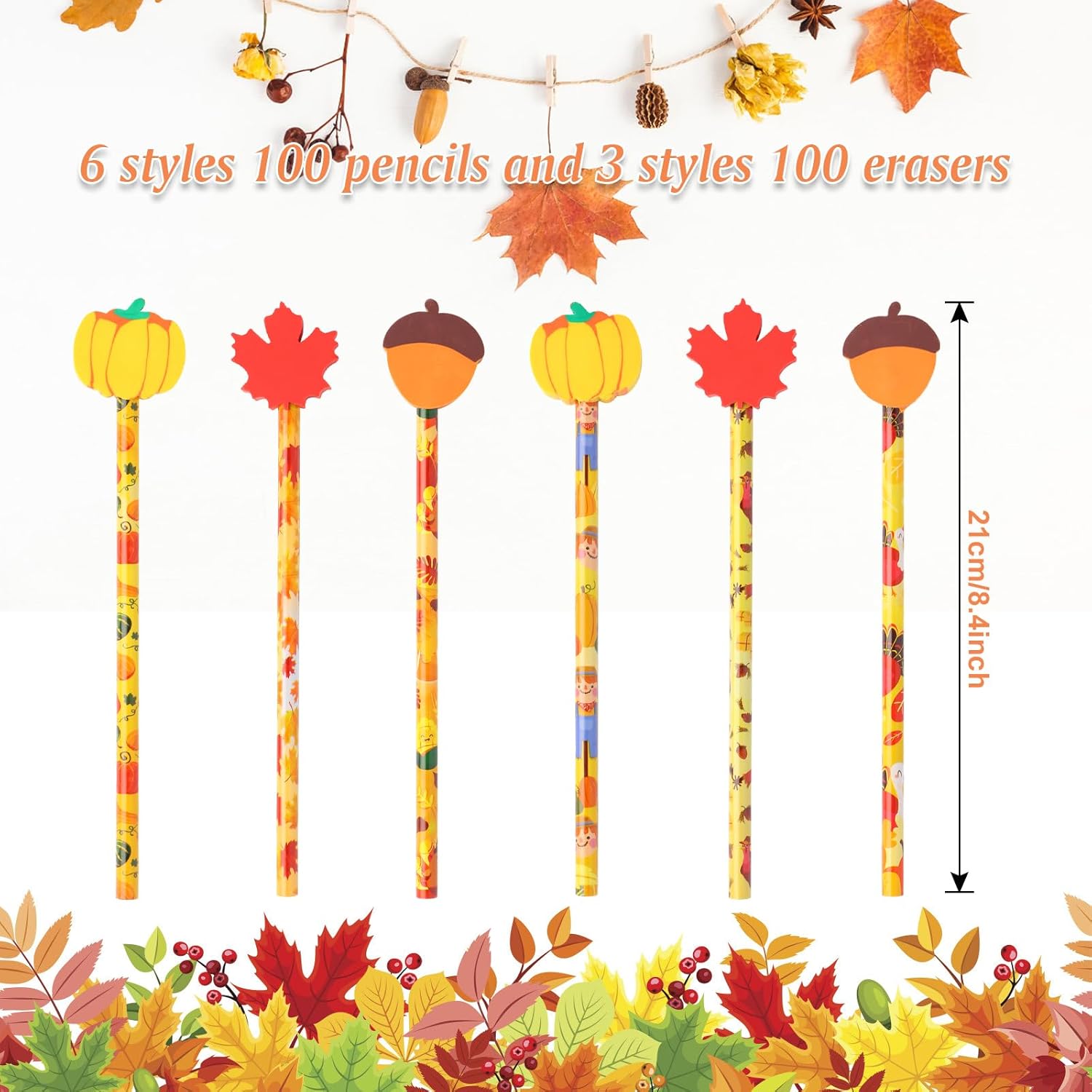 Kolewo4ever 100 Pieces Thanksgiving Pencils Scarecrow Turkey Pencils with Giant Maple Leaves Pumpkins Acorns Eraser Assortment Fall Stationery Pencil for Thanksgiving Party Supplies